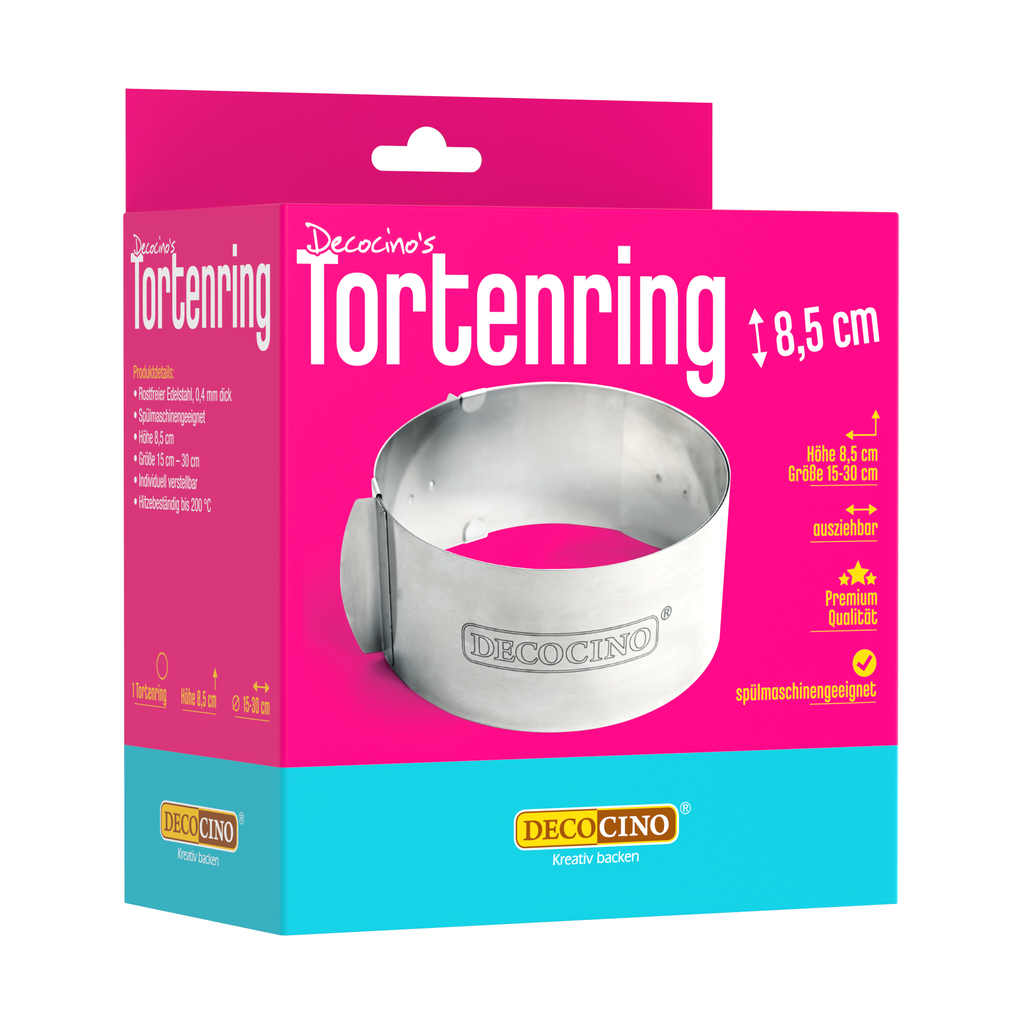 Decocino Tortenring 8,5 cm – verstellbarer Edelstahl-Tortenring von 15 bis 30 cm zum Backen und Füllen von Torten