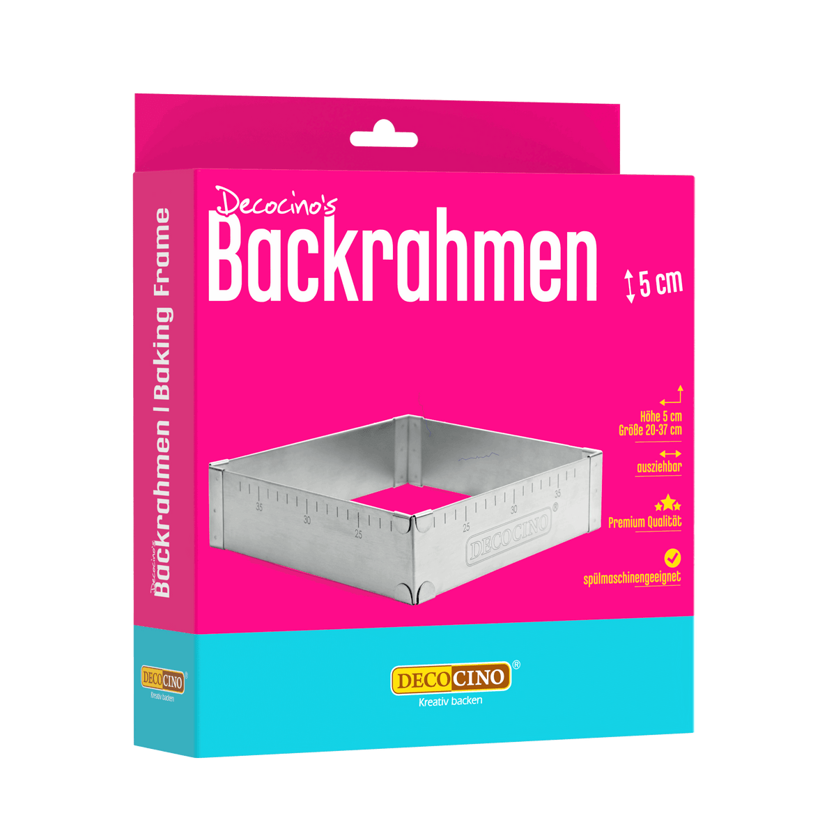 Decocino Backrahmen 5 cm in Verpackung – ausziehbarer Edelstahl-Backrahmen für Kuchen und Torten