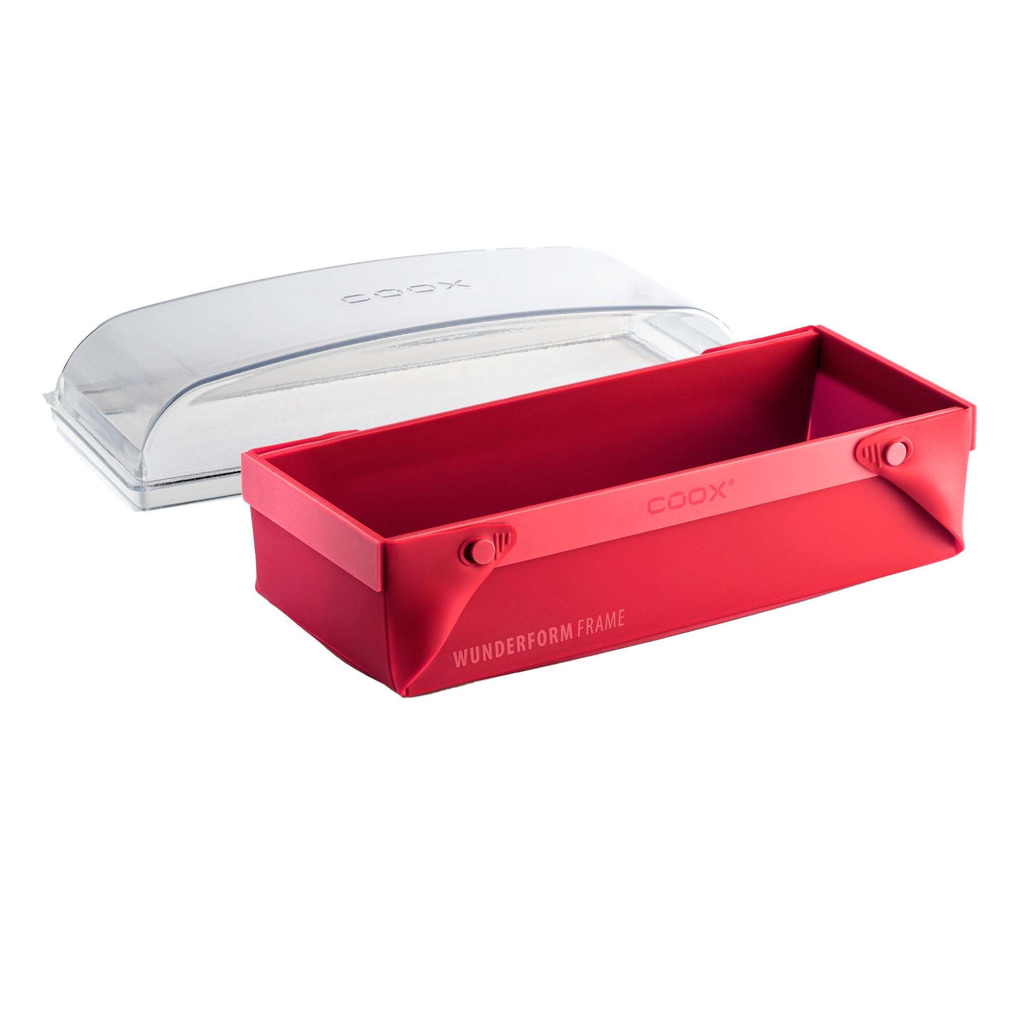 COOX Wunderform Frame Kastenbackform in Rot mit transparentem Deckel – faltbare Backform für Kuchen und Brot.