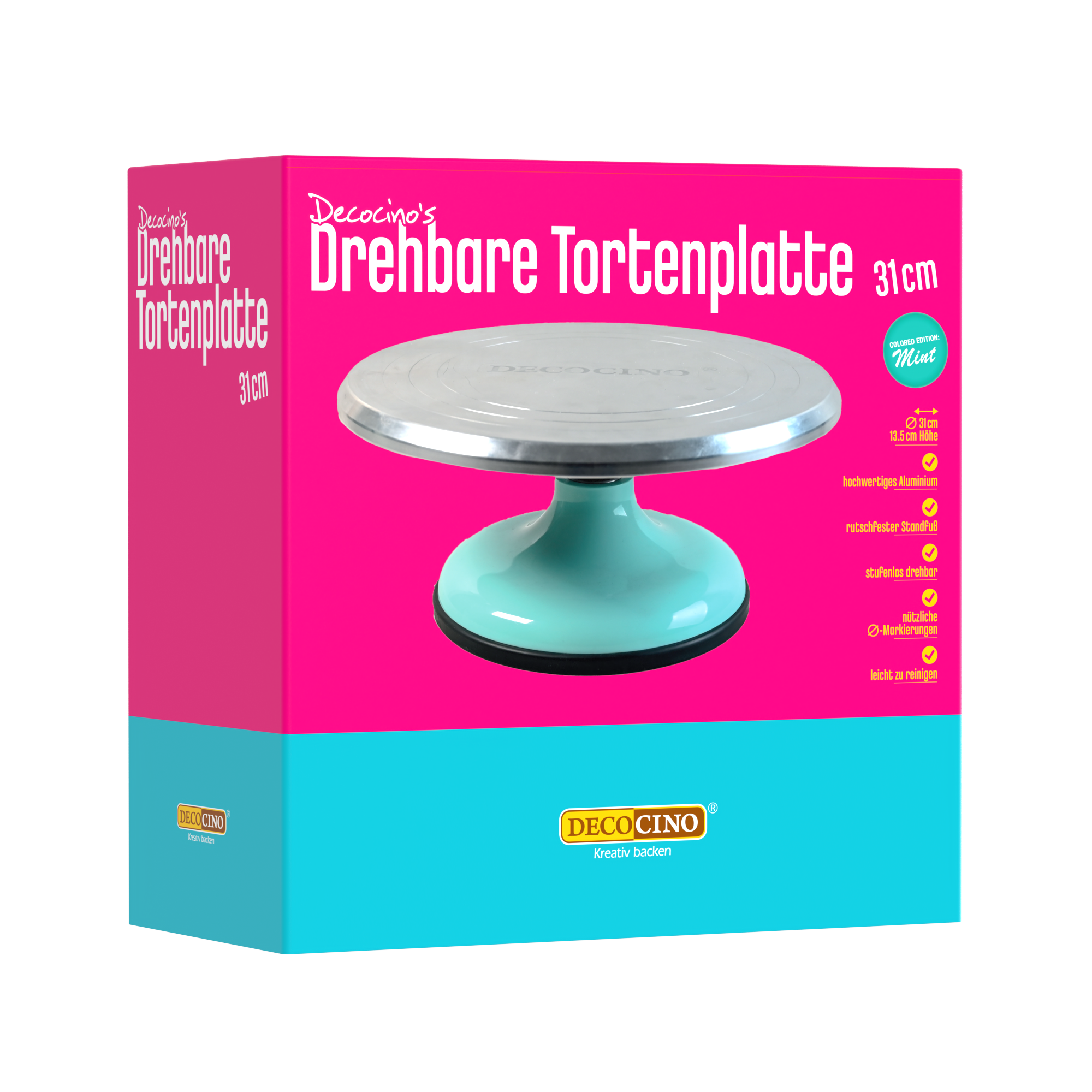 Decocino drehbare Tortenplatte in Mint, 31 cm – Produktverpackung Vorderseite.