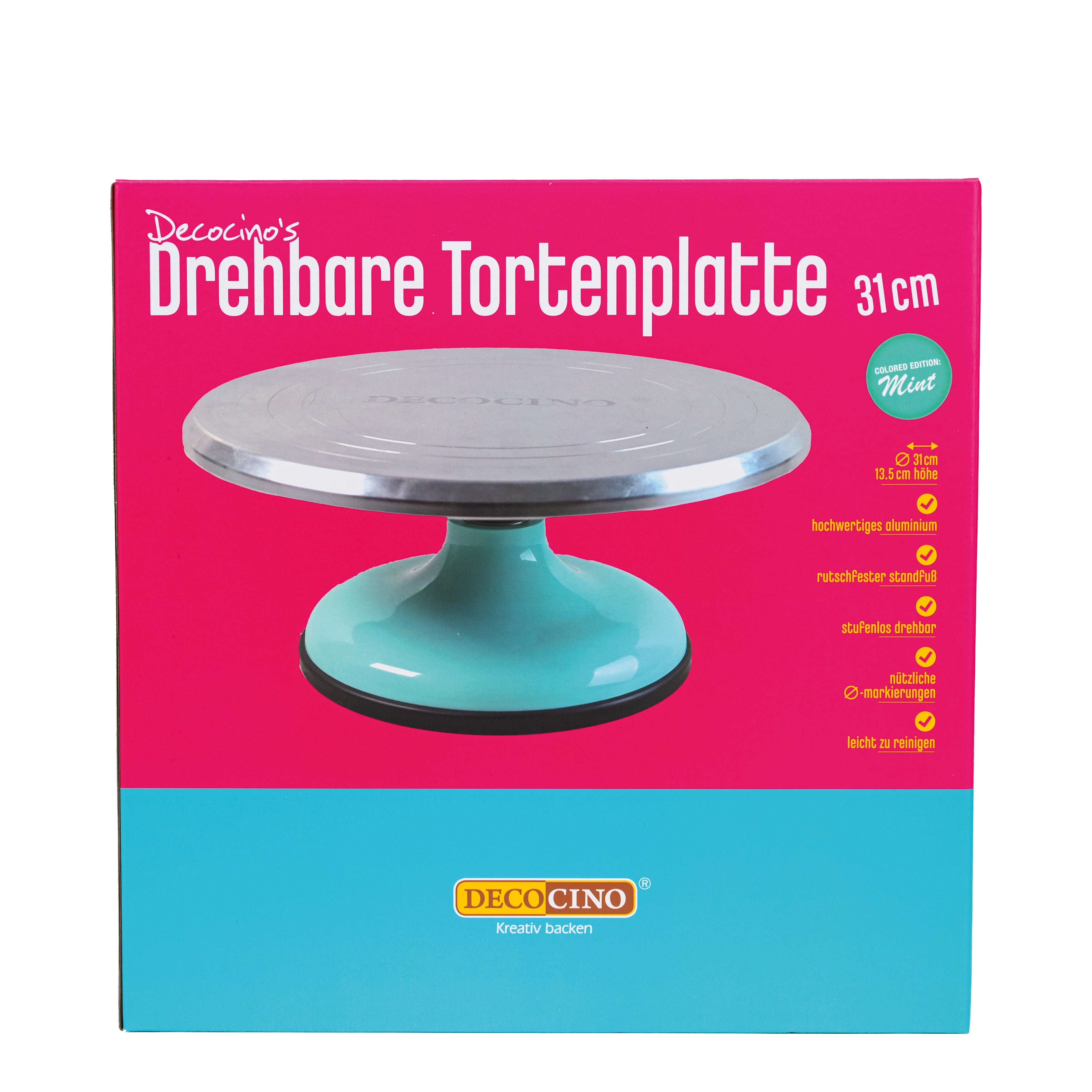Decocino drehbare Tortenplatte in Mint, 31 cm – Produktverpackung Vorderseite.