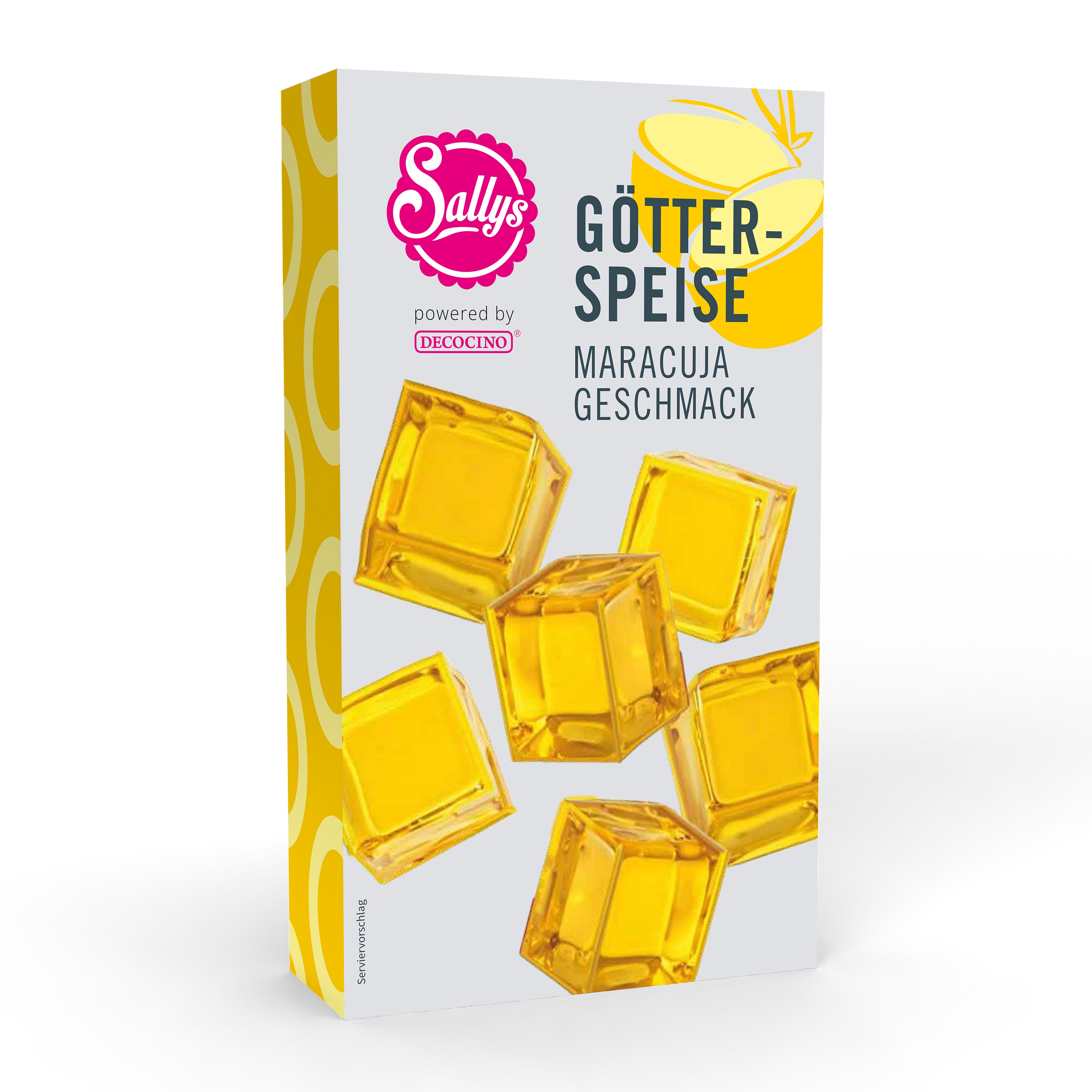 Sallys Götterspeise Maracuja-Geschmack in gelber Verpackung mit gelben Jelly-Würfeln, powered by Decocino