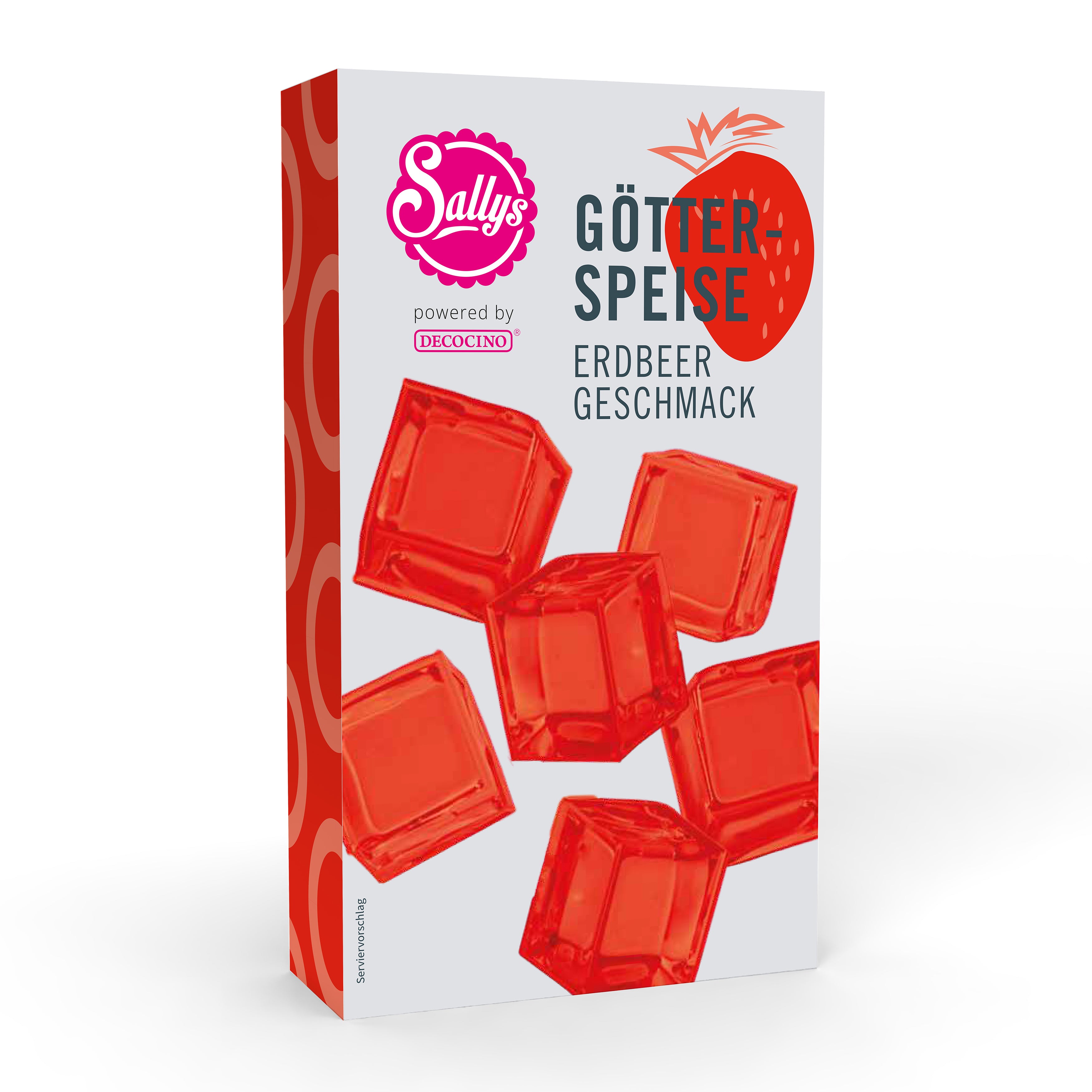 Sallys Götterspeise Erdbeer-Geschmack in roter Verpackung mit Jelly-Würfeln, powerd by Decocino
