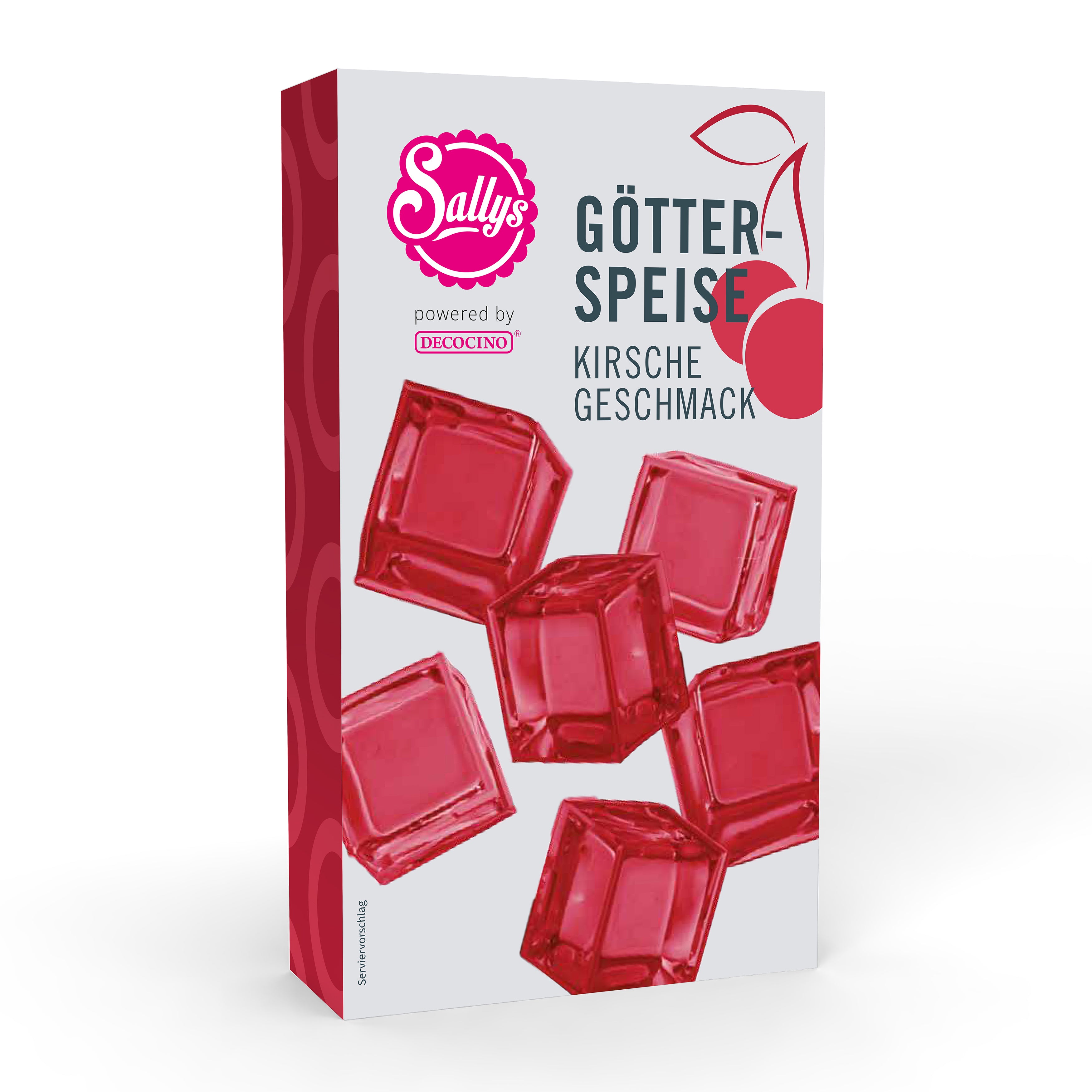 Sallys Götterspeise Kirsche – rote Wackelpudding-Würfel in moderner Verpackung, powered by Decocino