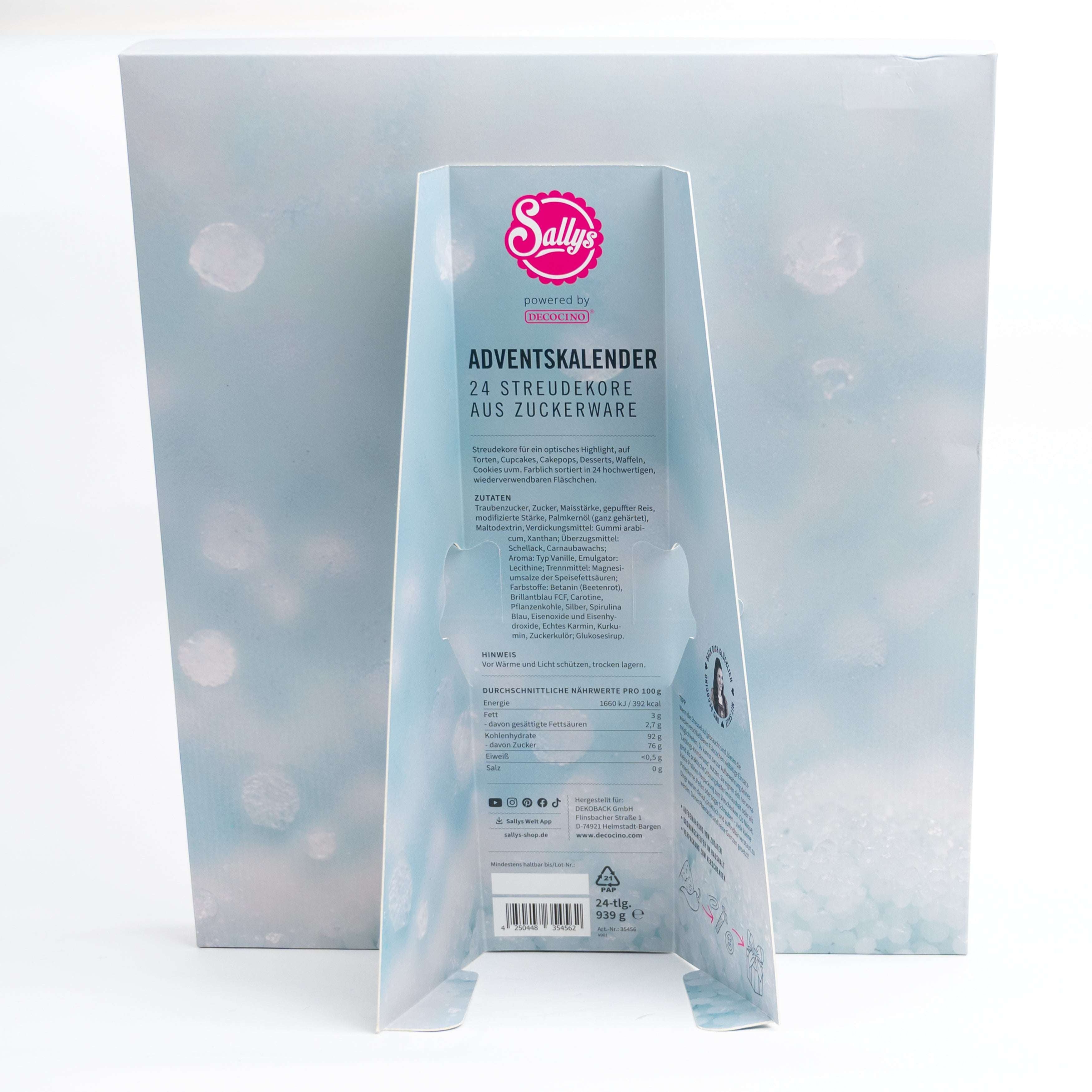 Sallys Adventskalender – Rückseite mit Produktbeschreibung, Zutatenliste und Nährwertangaben powered by Decocino