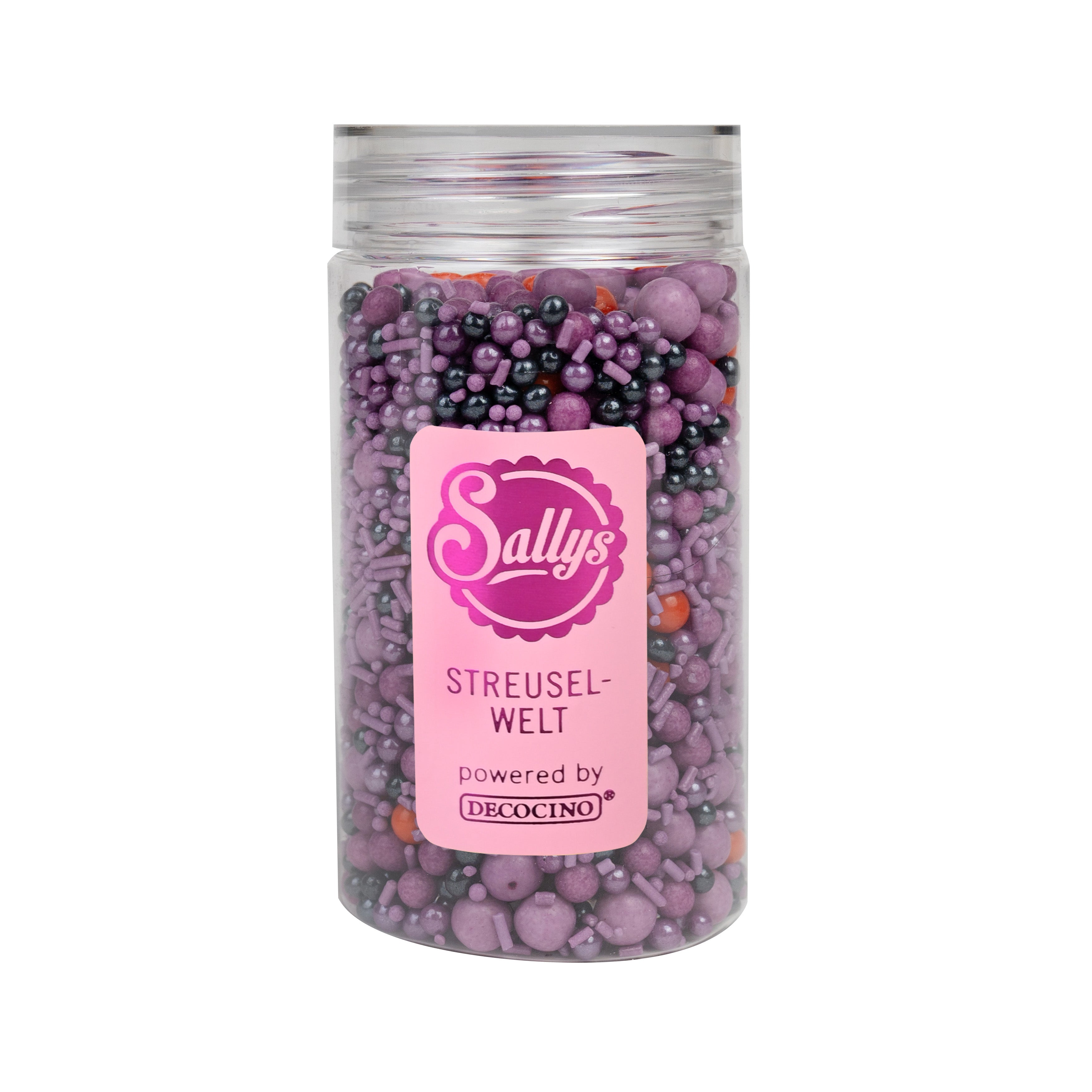 Sallys Streuselwelt Violet Crush Mix in der Flasche – violette, schwarze und orangefarbene Zuckerstreusel, powerd by Decocino.