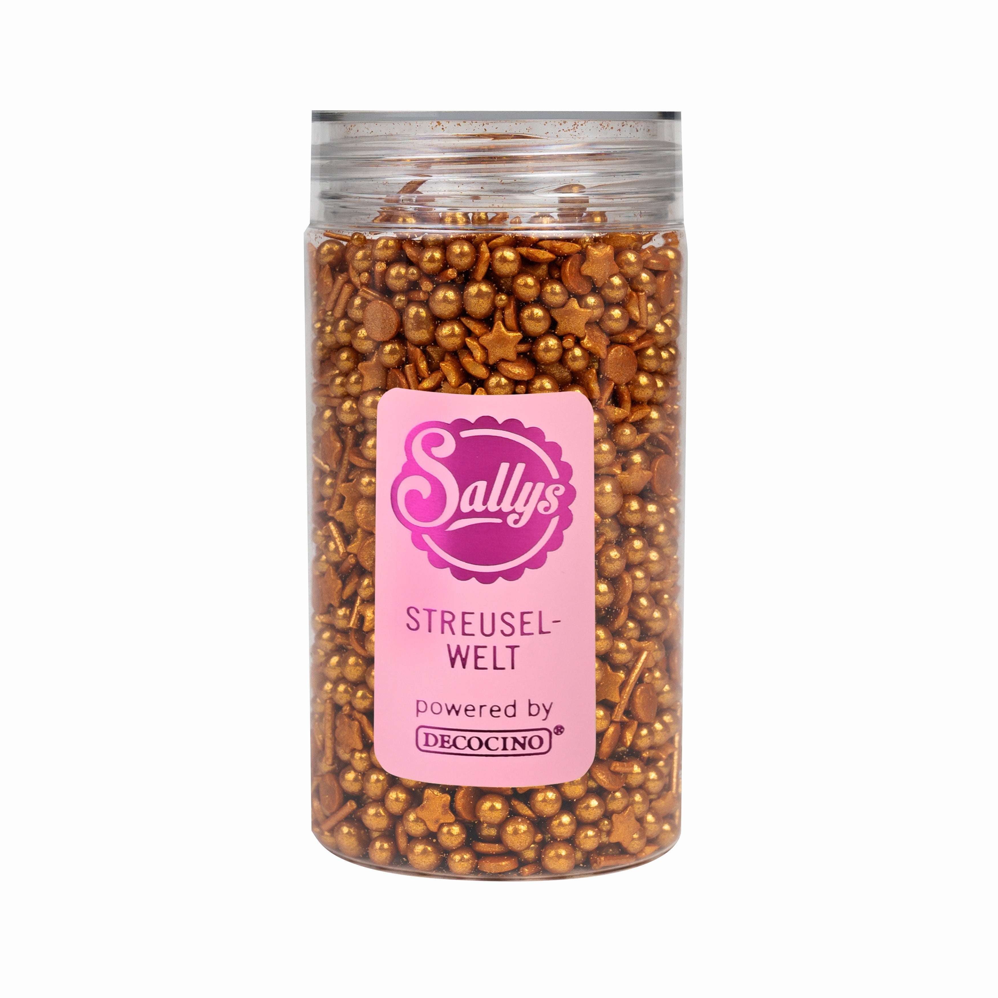Sallys Streuselwelt Golden Glam Mix in der Dose – goldene Zuckerstreusel in verschiedenen Formen und Größen