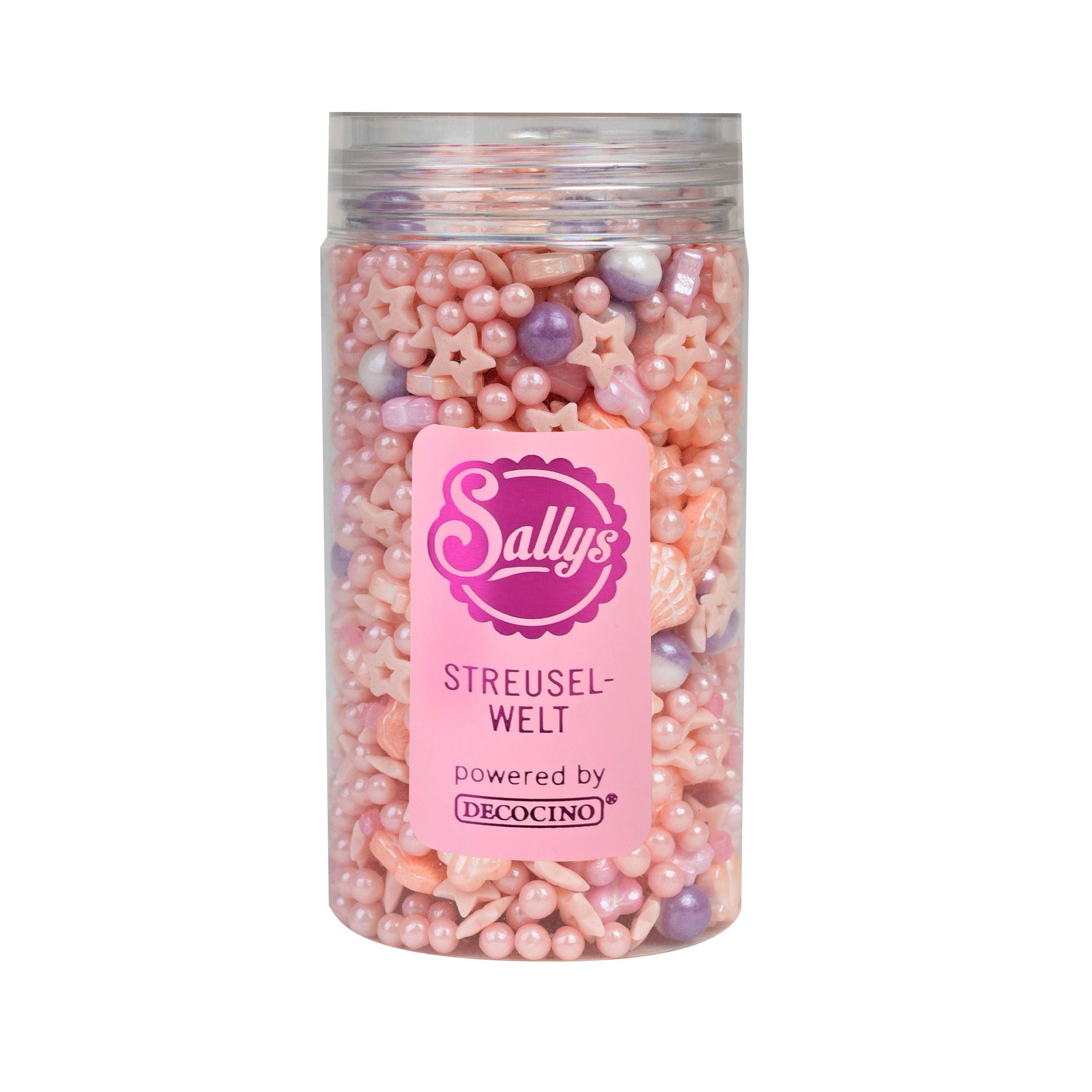 Sallys Streuselwelt Mermaid Pearl Mix in der Dose – rosa, peach und lilafarbene Zuckerperlen und Sterne von Decocino