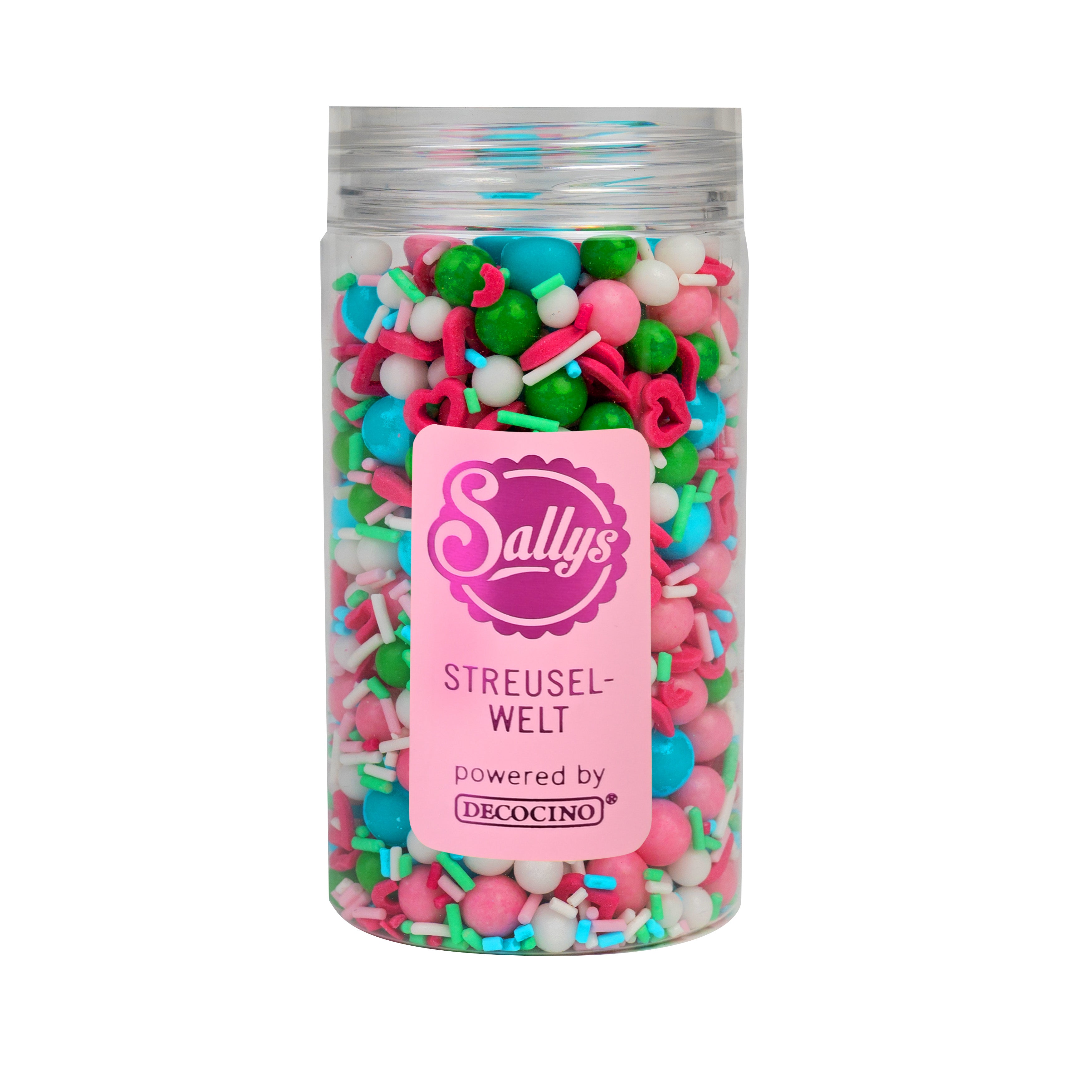 Sallys Streuselwelt Sweetheart Mix – bunte Zuckerstreusel mit Herzen, Kugeln und Stäbchen in Pink, Blau, Grün und Weiß in transparenter Dose