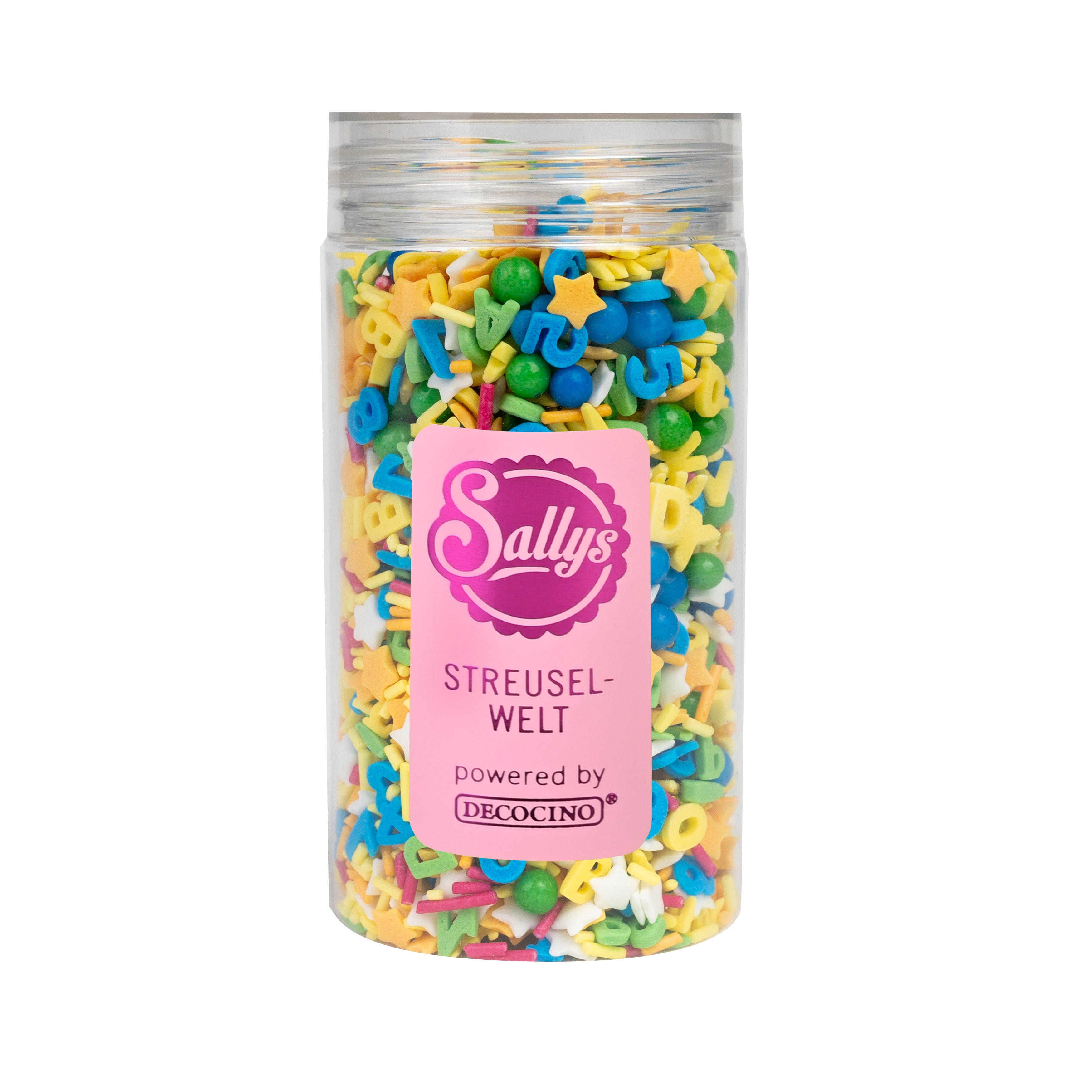 Sallys Streuselwelt ABC Konfetti Mix in der Dose – bunte Buchstaben- und Kugelstreusel in Gelb, Blau, Grün und Weiß powered by Decocino