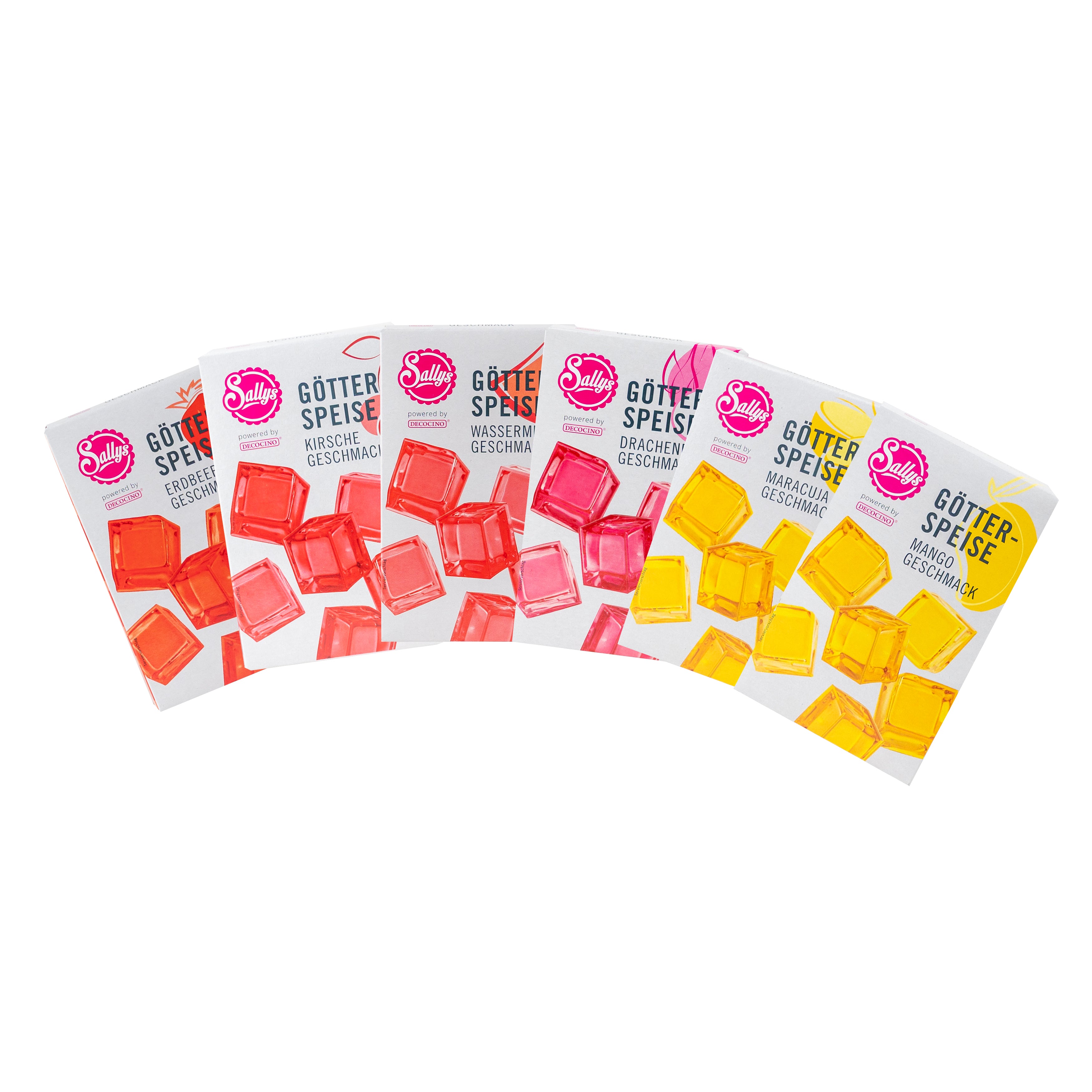 Fünf Sorten Sallys Götterspeise – Erdbeer, Kirsche, Wassermelone, Drachenfrucht, Maracuja und Mango – im Fächer angeordnet, powerd by Decocino