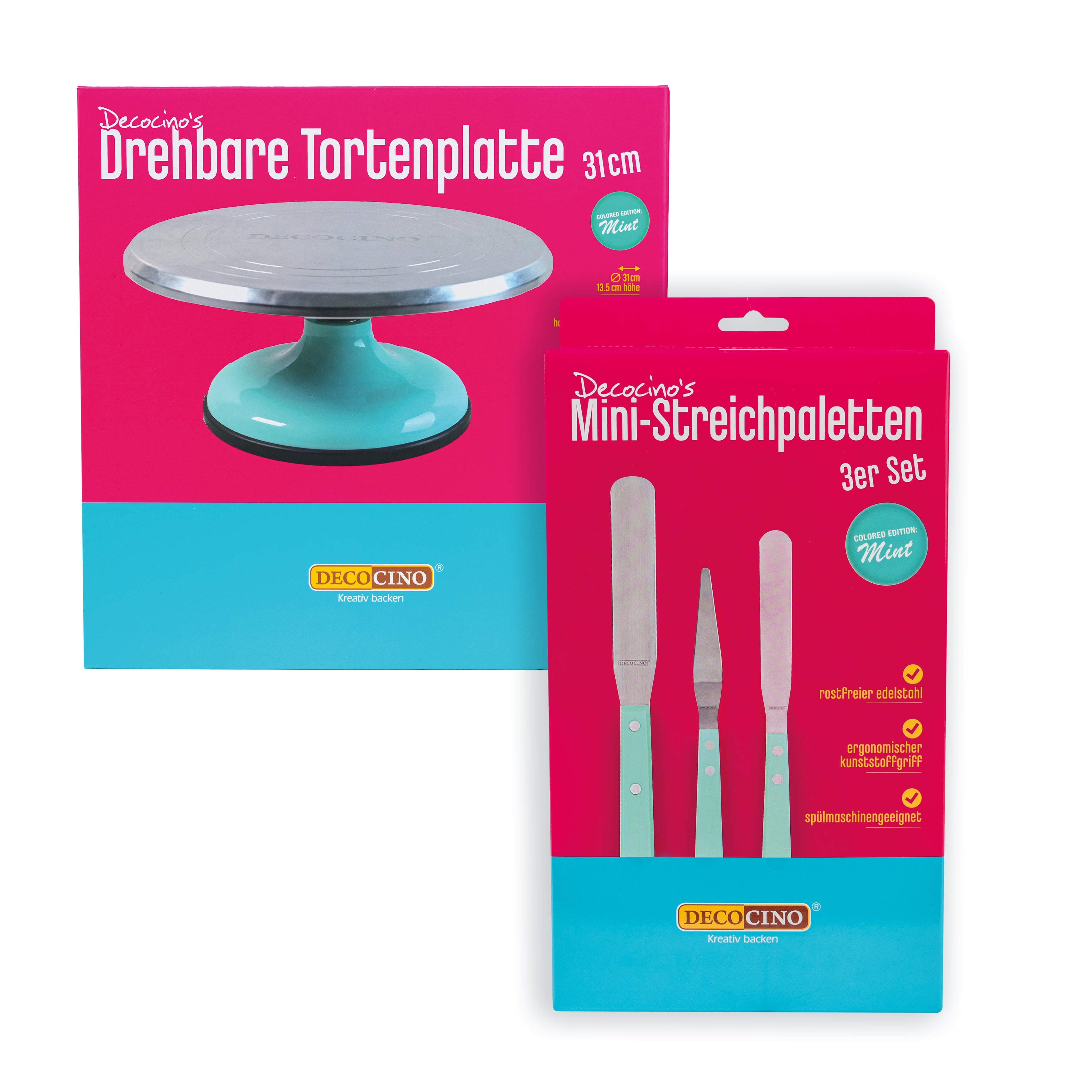Decocino Set aus drehbarer Tortenplatte und drei Mini-Streichpaletten in Mint, ideal zum Dekorieren und Verzieren von Torten