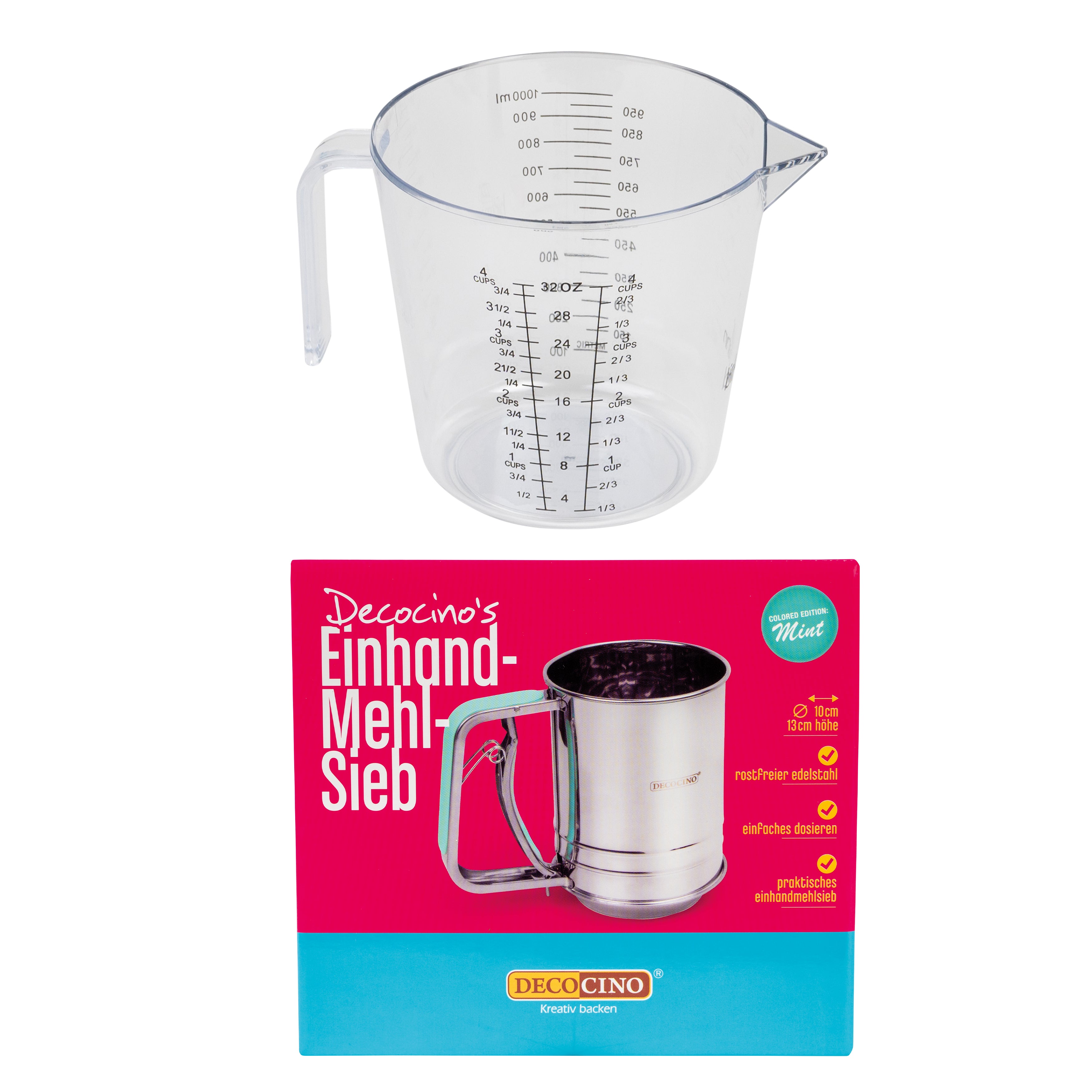 SET: Messbecher Ø 13 cm + Einhand-Mehlsieb