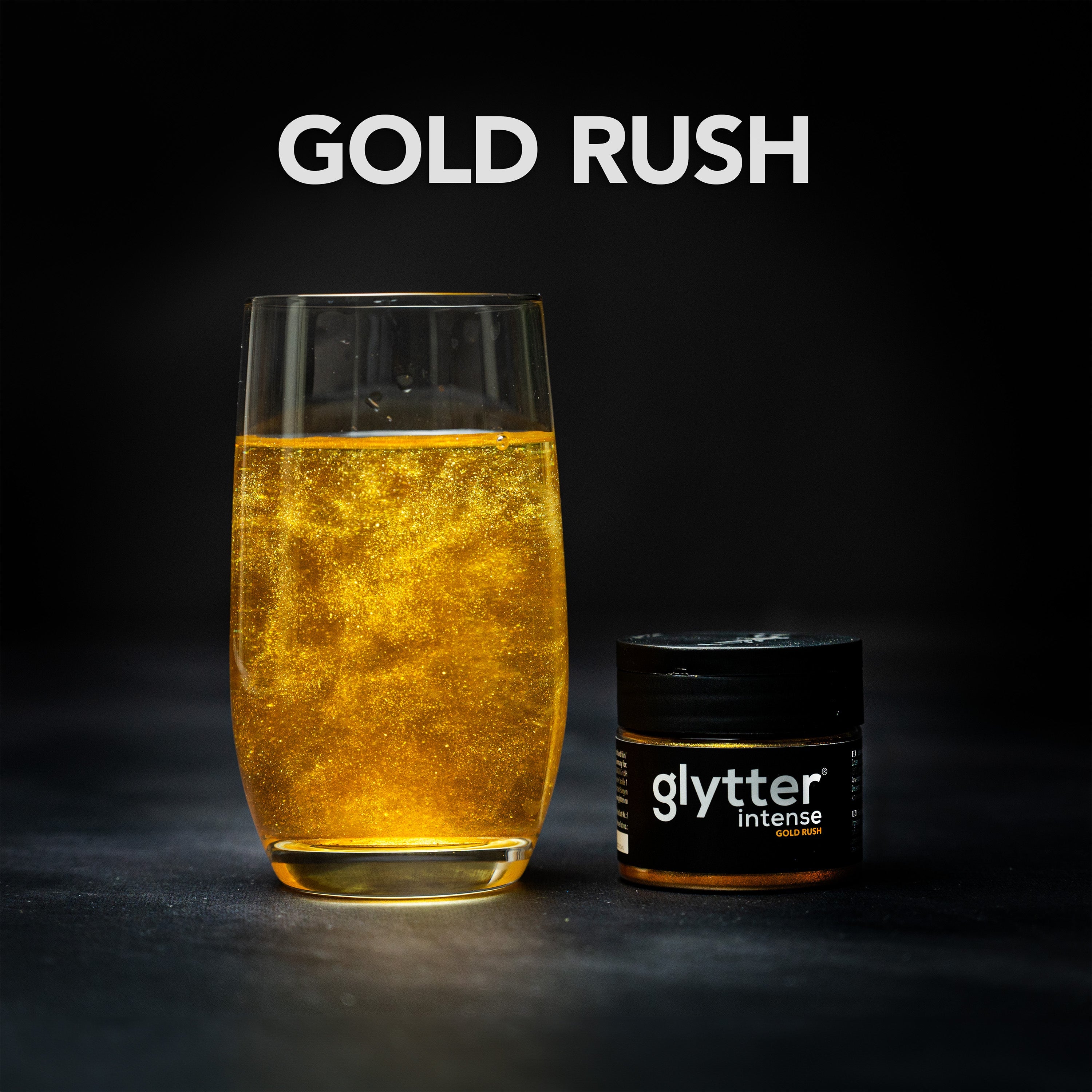 Decocino Glytter Intense Gold Rush 10g – Dose neben glitzerndem Getränk