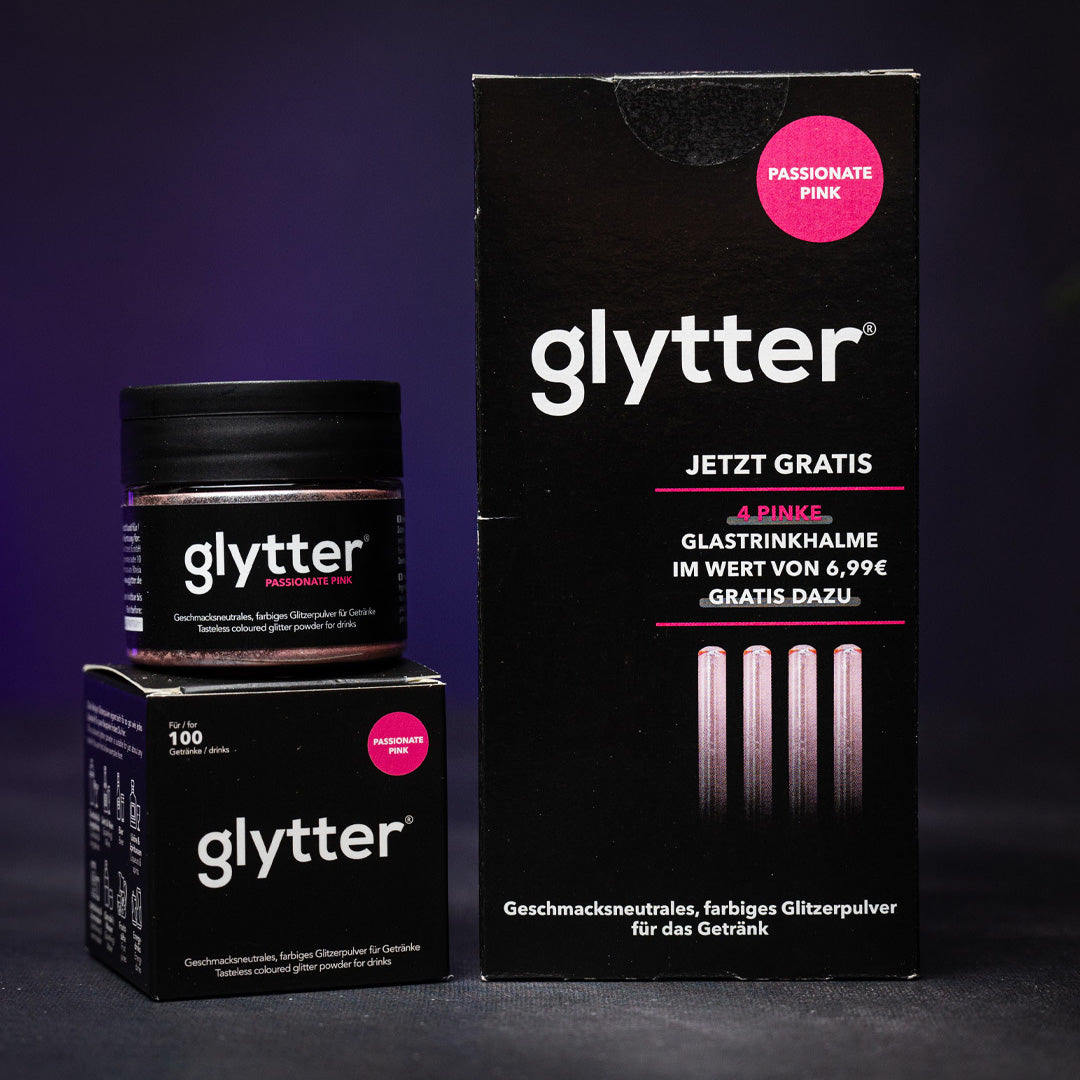 Glytter Passionate Pink – Set aus Glitzerpulver und Geschenkbox mit pinken Glastrinkhalmen