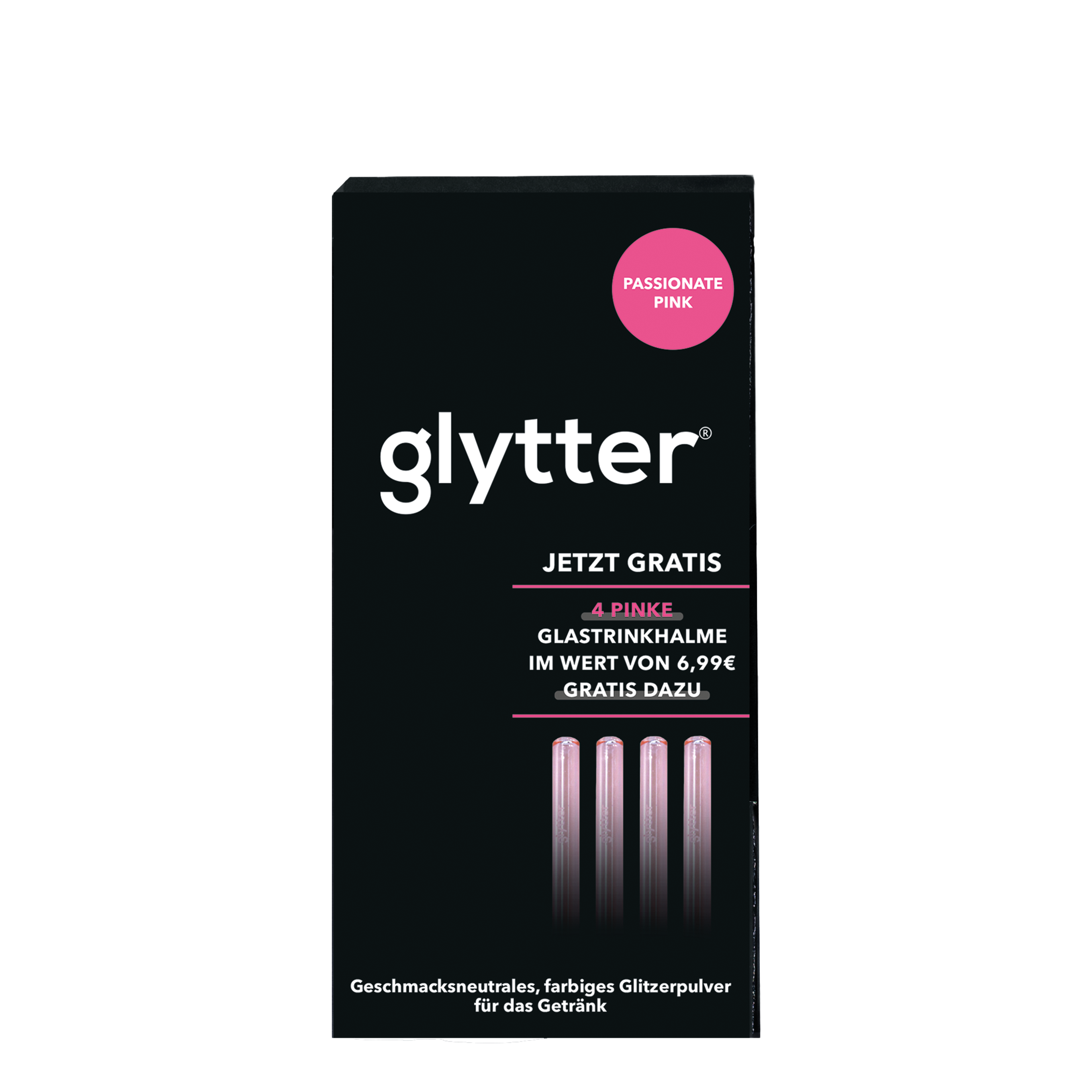 Glytter Passionate Pink – Verpackung mit Gratis-Set aus vier pinken Glastrinkhalmen