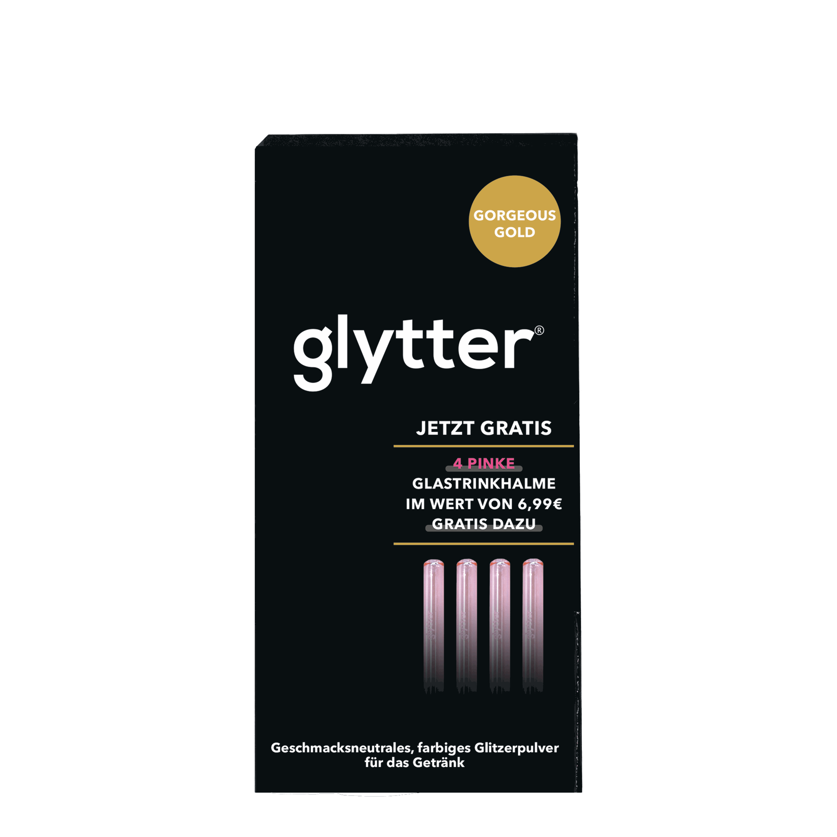Glytter Gorgeous Gold – Verpackung des Gratis-Sets mit vier pinken Glastrinkhalmen