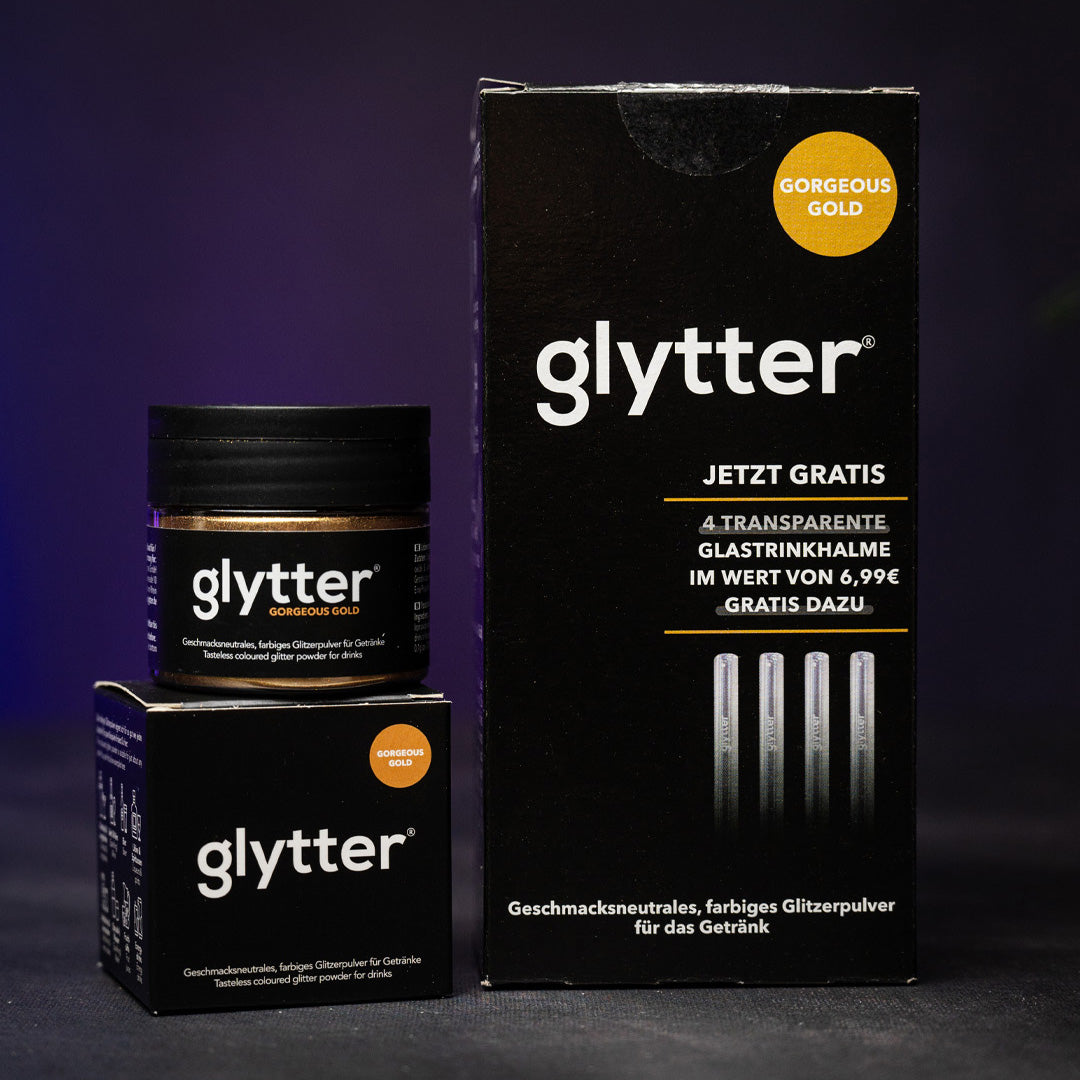 Glytter Gorgeous Gold – Set aus Glitzerpulver und Geschenkbox mit vier transparenten Glastrinkhalmen