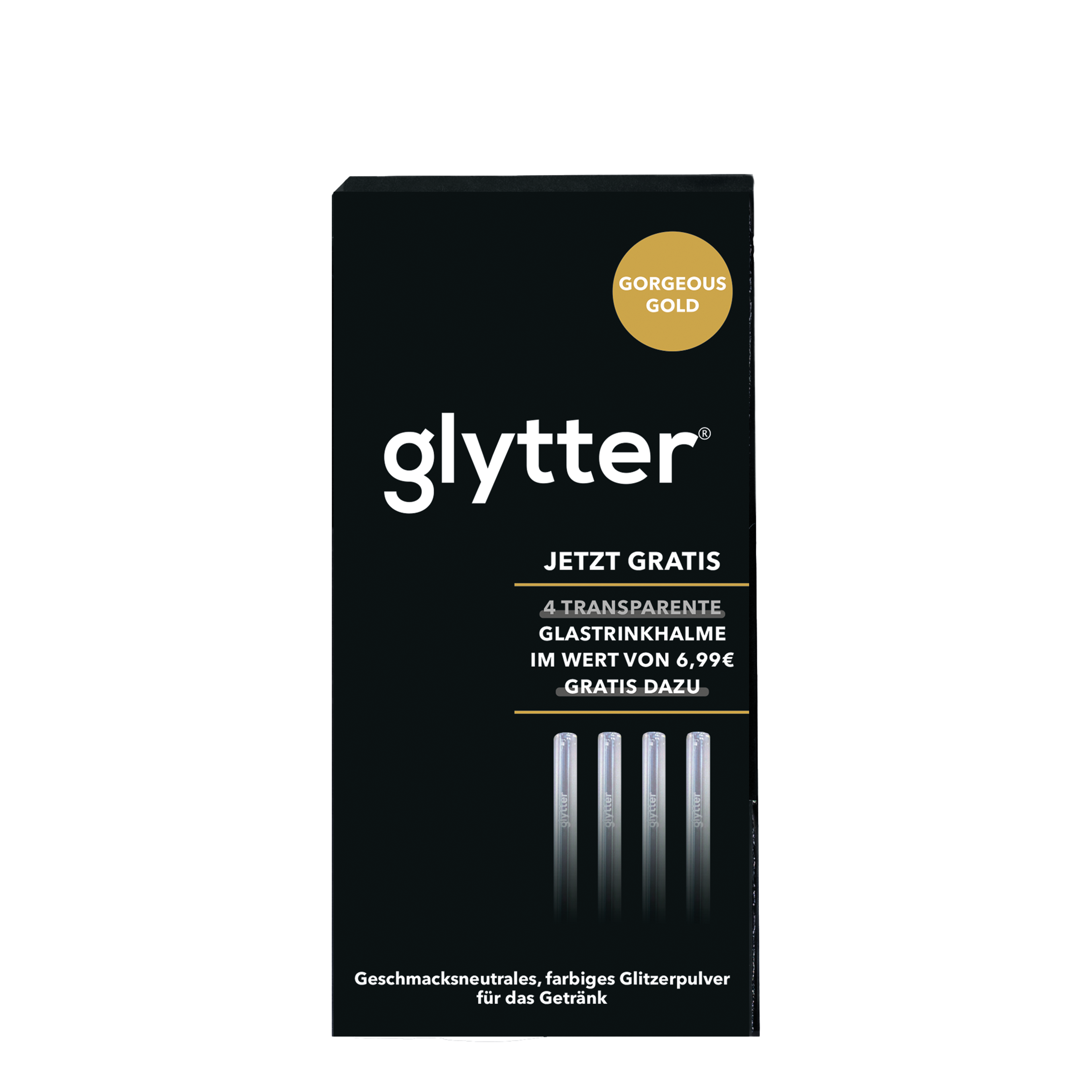 Glytter Gorgeous Gold – Verpackung des Gratis-Sets mit vier transparenten Glastrinkhalmen