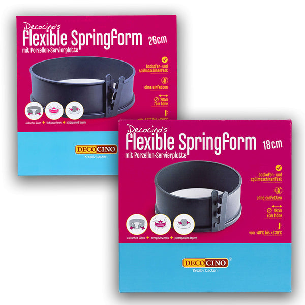 SET: 2 Flexible Springformen mit Porzellan-Servierplatte (Ø 26cm + 18cm )