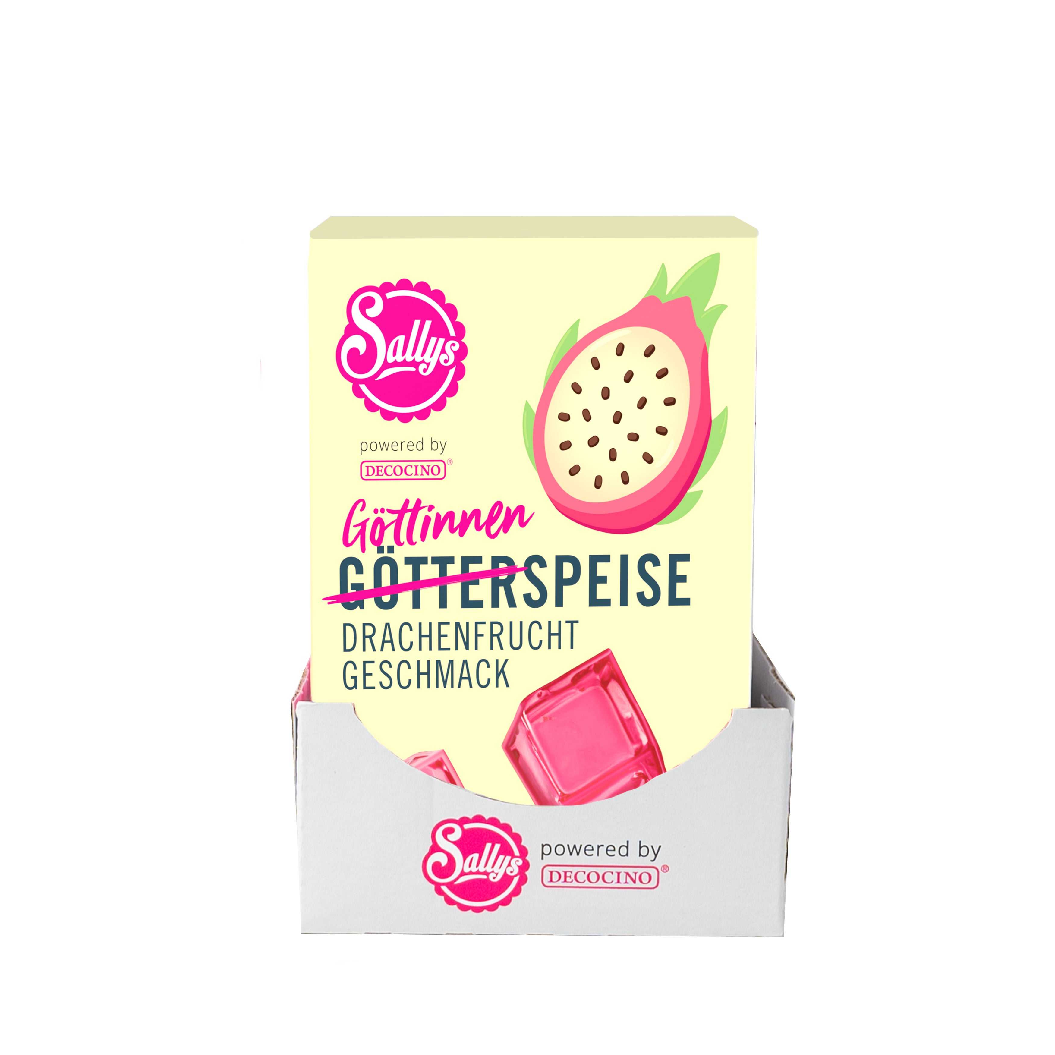 Sallys Götterspeise im Drachenfrucht-Geschmack im 12er Pack, 12 pinke Verpackungen in Reihe, powerd by Decocino, frontale Ansicht