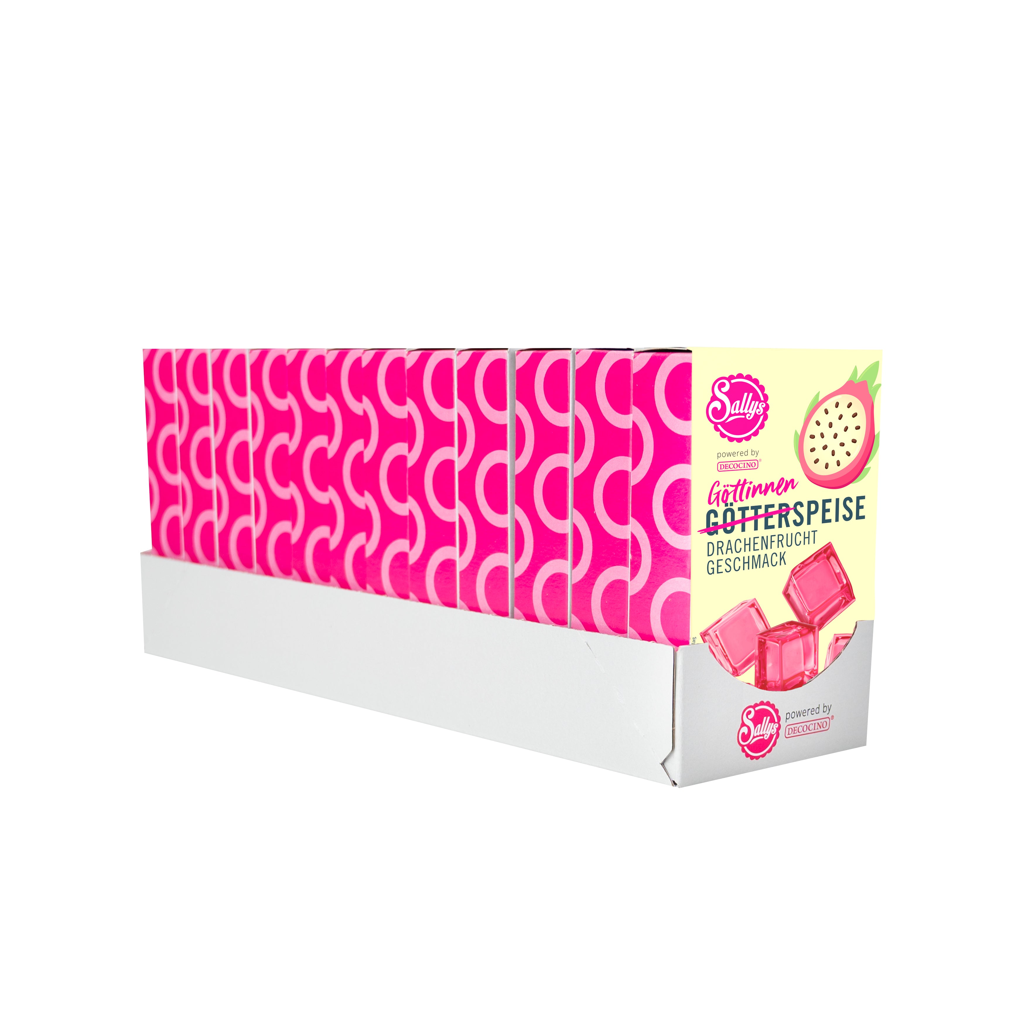 Sallys Götterspeise im Drachenfrucht-Geschmack im 12er Pack, 12 pinke Verpackungen in Reihe, powerd by Decocino