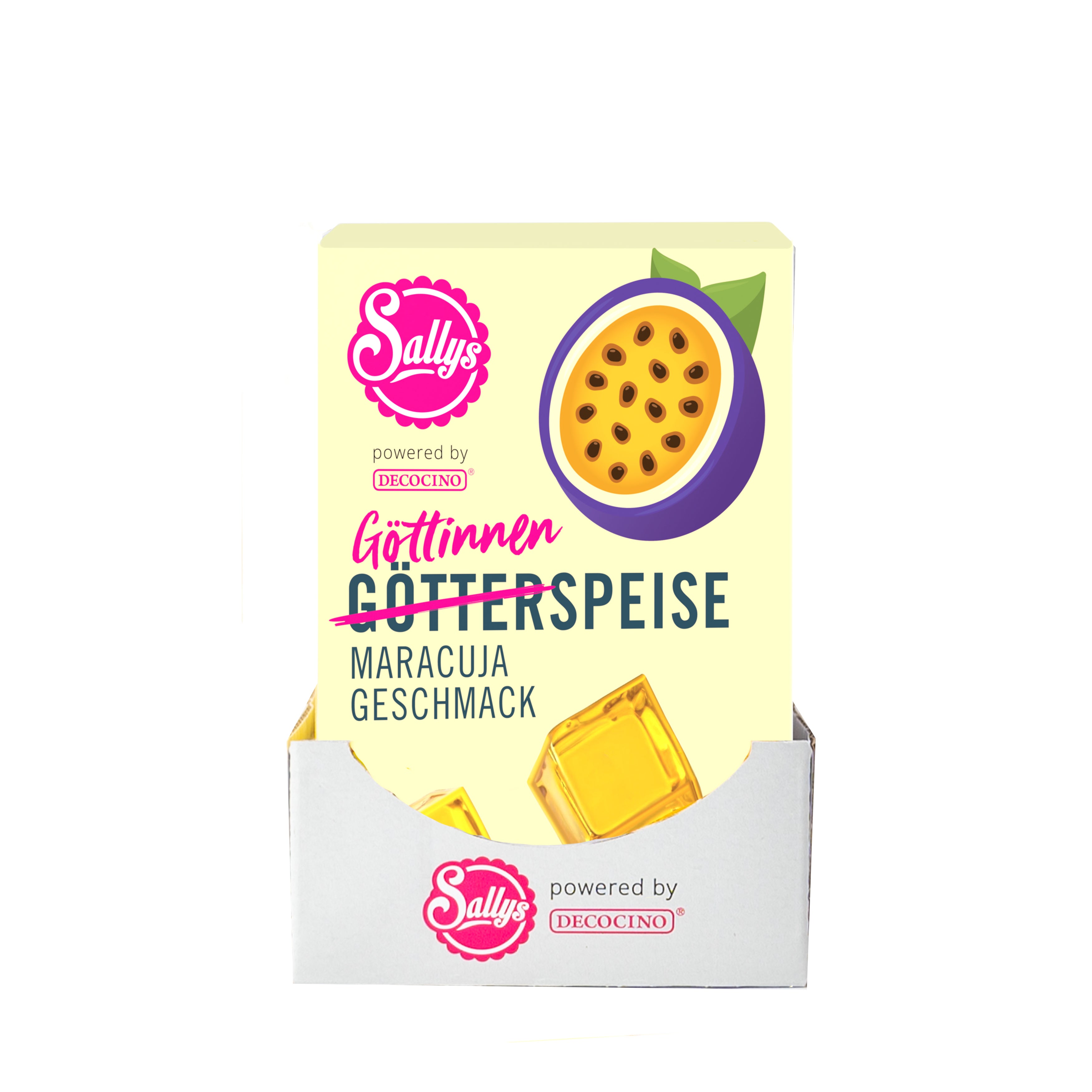 Sallys Götterspeise Maracuja-Geschmack im 12er-Tray, gelbe Verpackungen in Reihe, powerd by Decocino