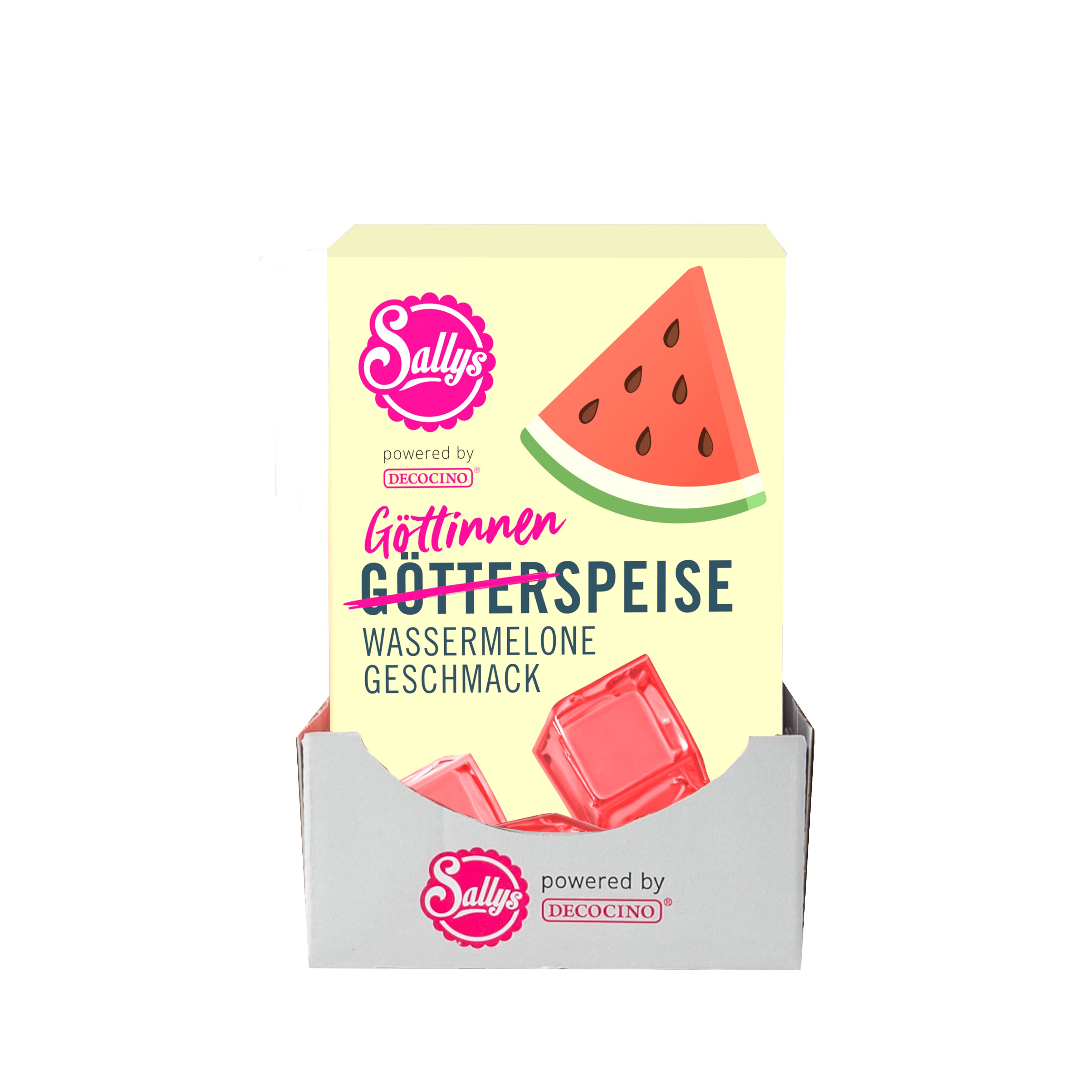 Sallys Götterspeise Wassermelone im weißen 12er-Tray, rote Verpackungen in Reihe, powerd by Decocino