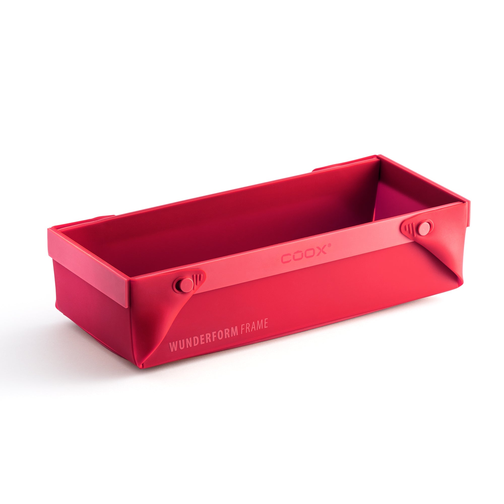 Coox Wunderform Frame – faltbare Back- und Auflaufform in Rot, platzsparend und vielseitig einsetzbar.