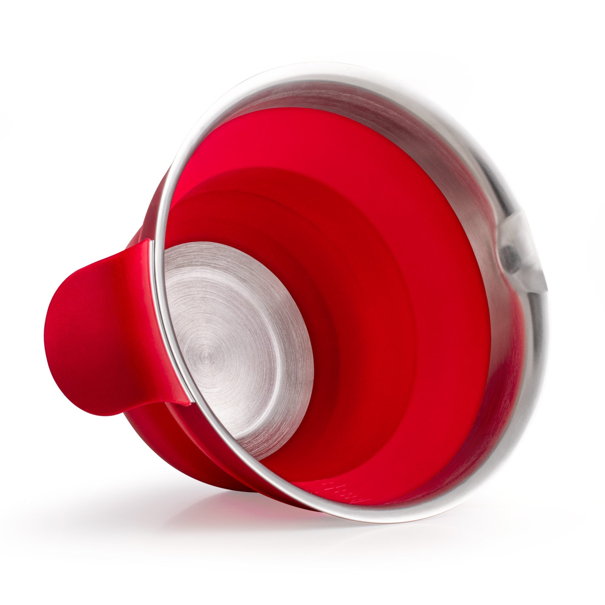 Rote Rührschüssel aus Silikon mit Edelstahlboden und Ausgießer, Innenansicht
