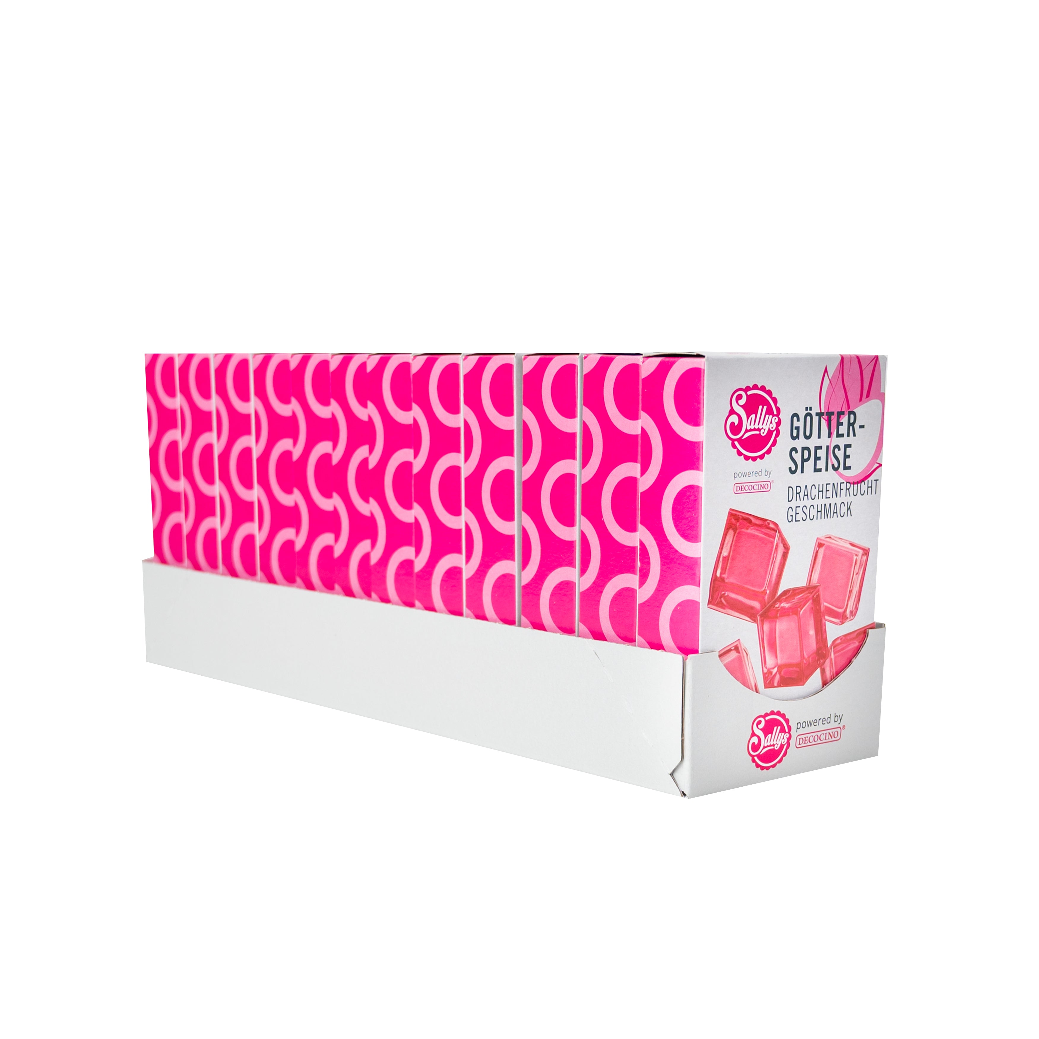 Sallys Götterspeise im Drachenfrucht-Geschmack im 12er Pack, 12 pinke Verpackungen in Reihe, powerd by Decocino