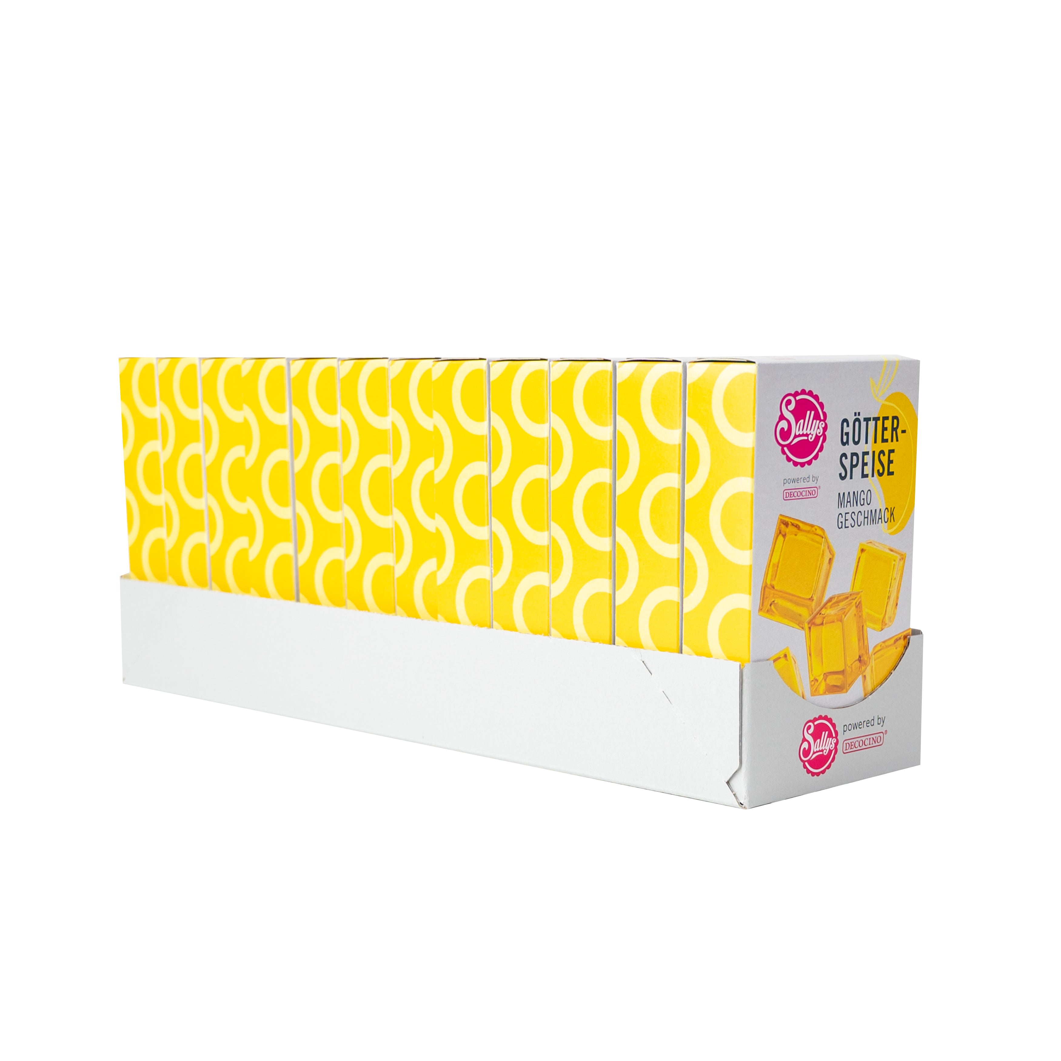 Sallys Götterspeise Mango-Geschmack i12er Pack, gelbe Verpackungen in Reihe, powerd by Decocino.