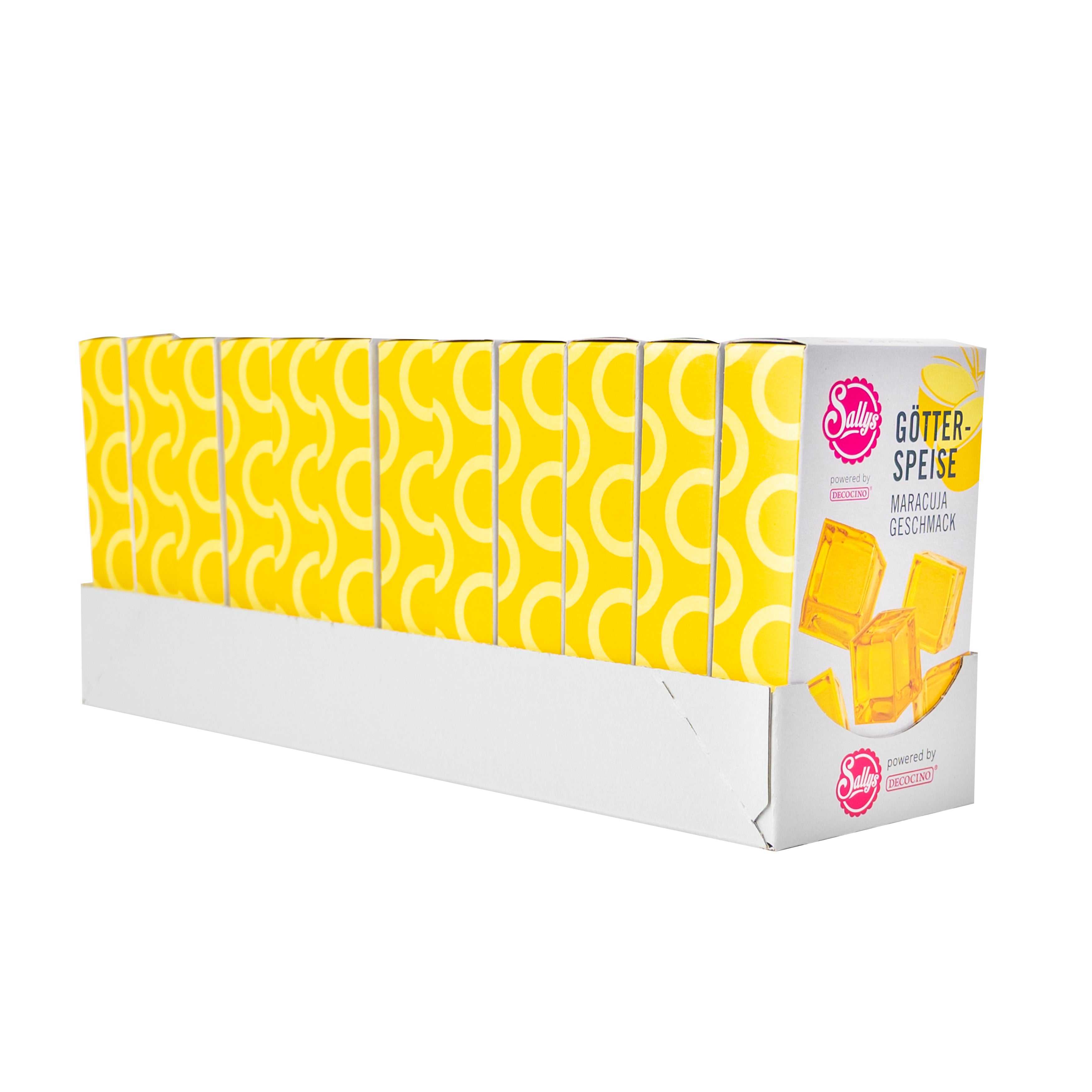 Sallys Götterspeise Maracuja-Geschmack im weißen Präsentations-Tray, gelbe Verpackungen in Reihe, powerd by Decocino