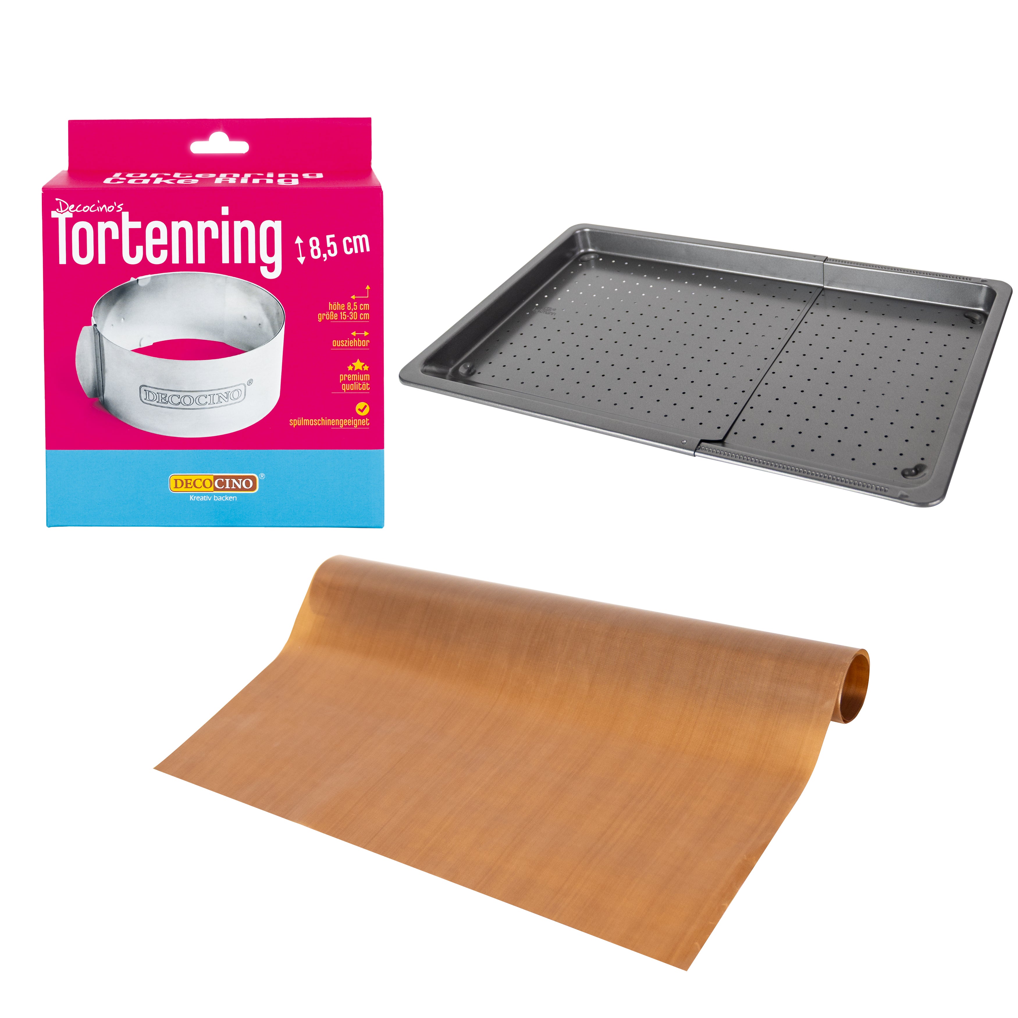 SET: Verstellbares Backblech + Dauerbackfolie + Tortenring
