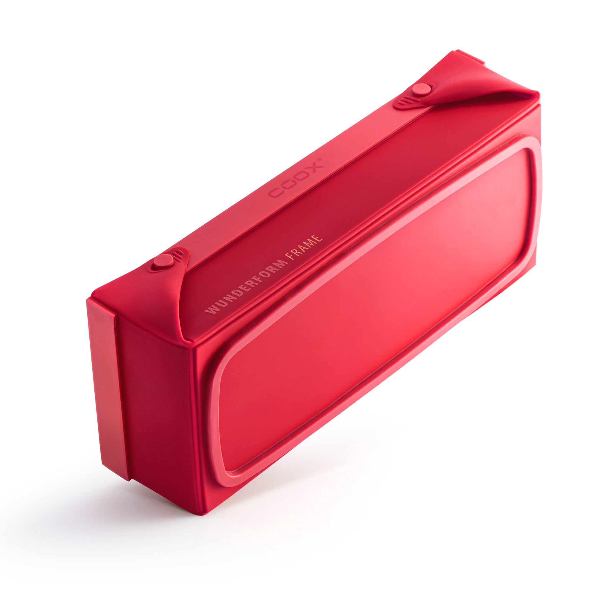 Coox Wunderform Frame in Rot, faltbare Backform platzsparend zusammengefaltet, ideal für Kuchen, Brot oder Auflauf.