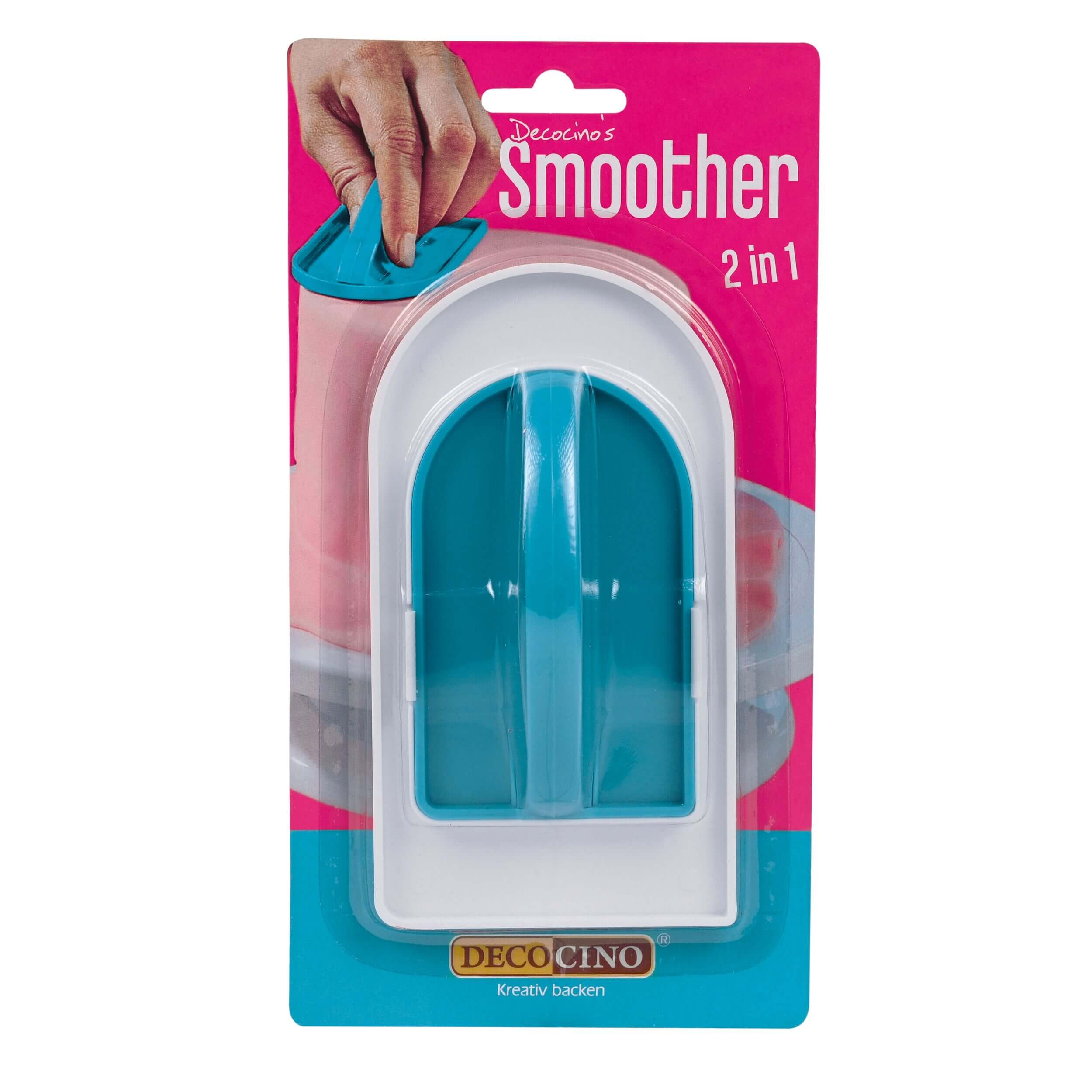 Decocino Smoother 2 in 1 zum Glätten von Fondant und Tortenoberflächen in der Verpackung – powered by Decocino
