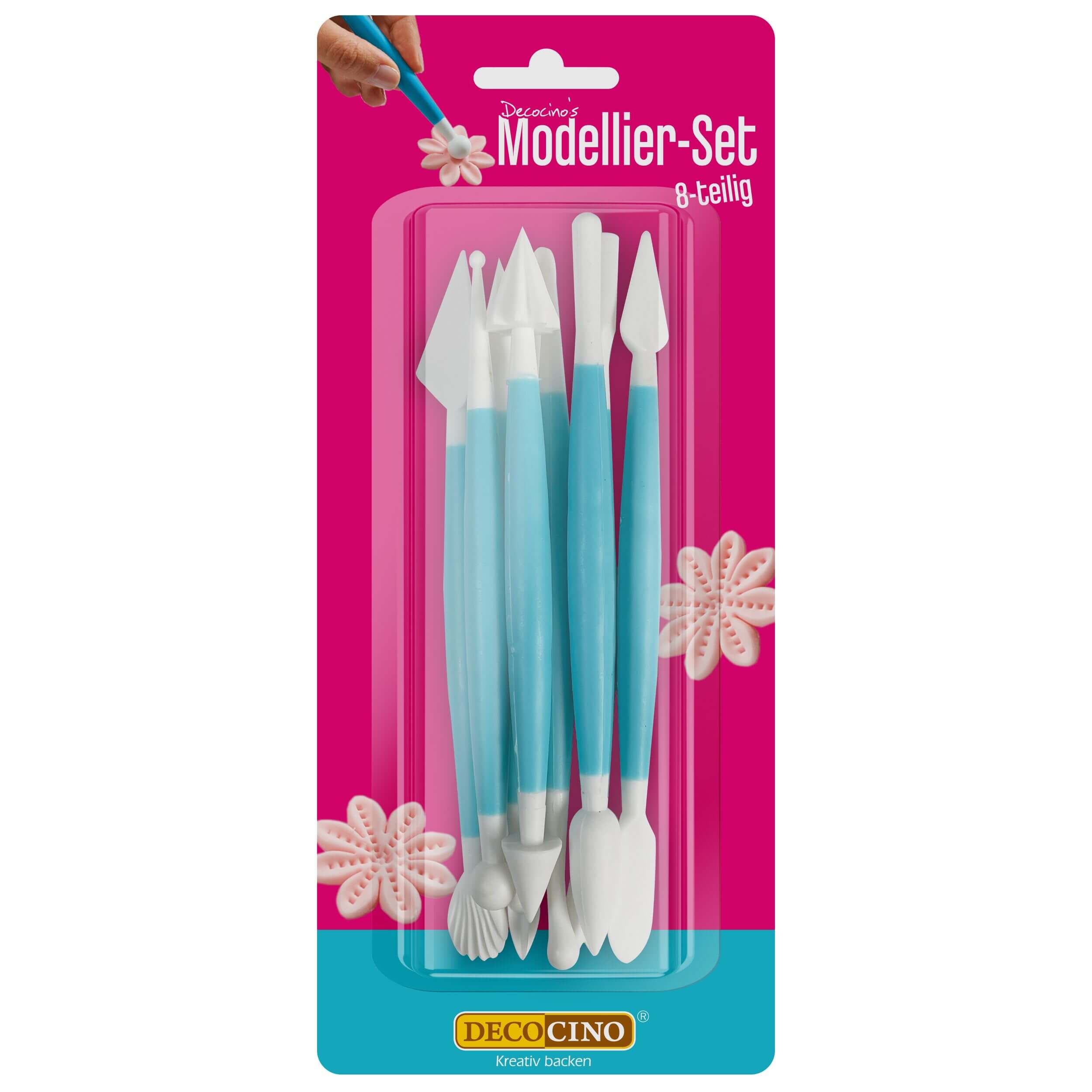 Decocino Modellier-Set 8-teilig für Fondant und Modelliermasse in blau-weißem Design in Blisterverpackung