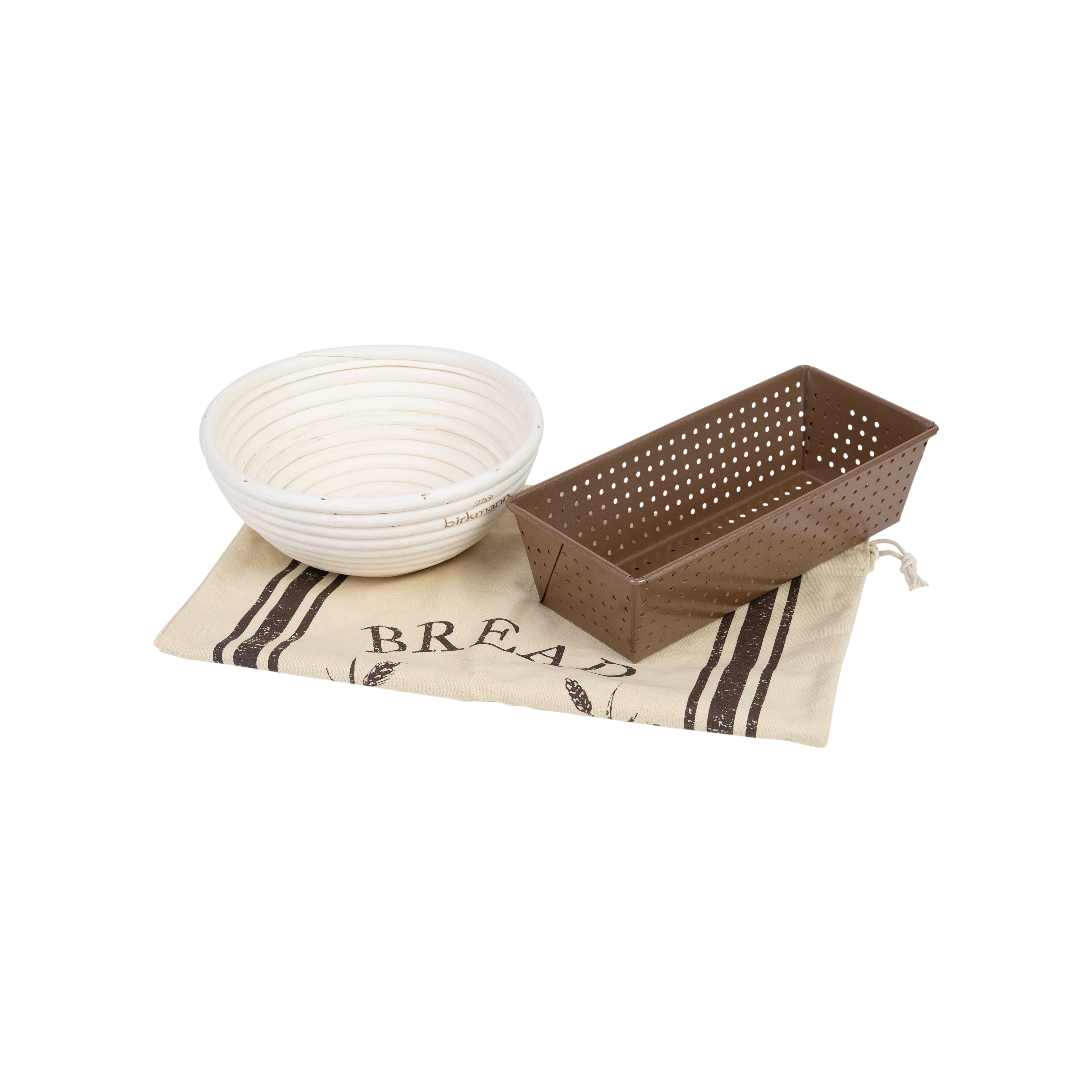 Brotbackset, 3-tlg.: Kastenform 25 cm, Gärkörbchen Ø20 cm und Brotbeutel