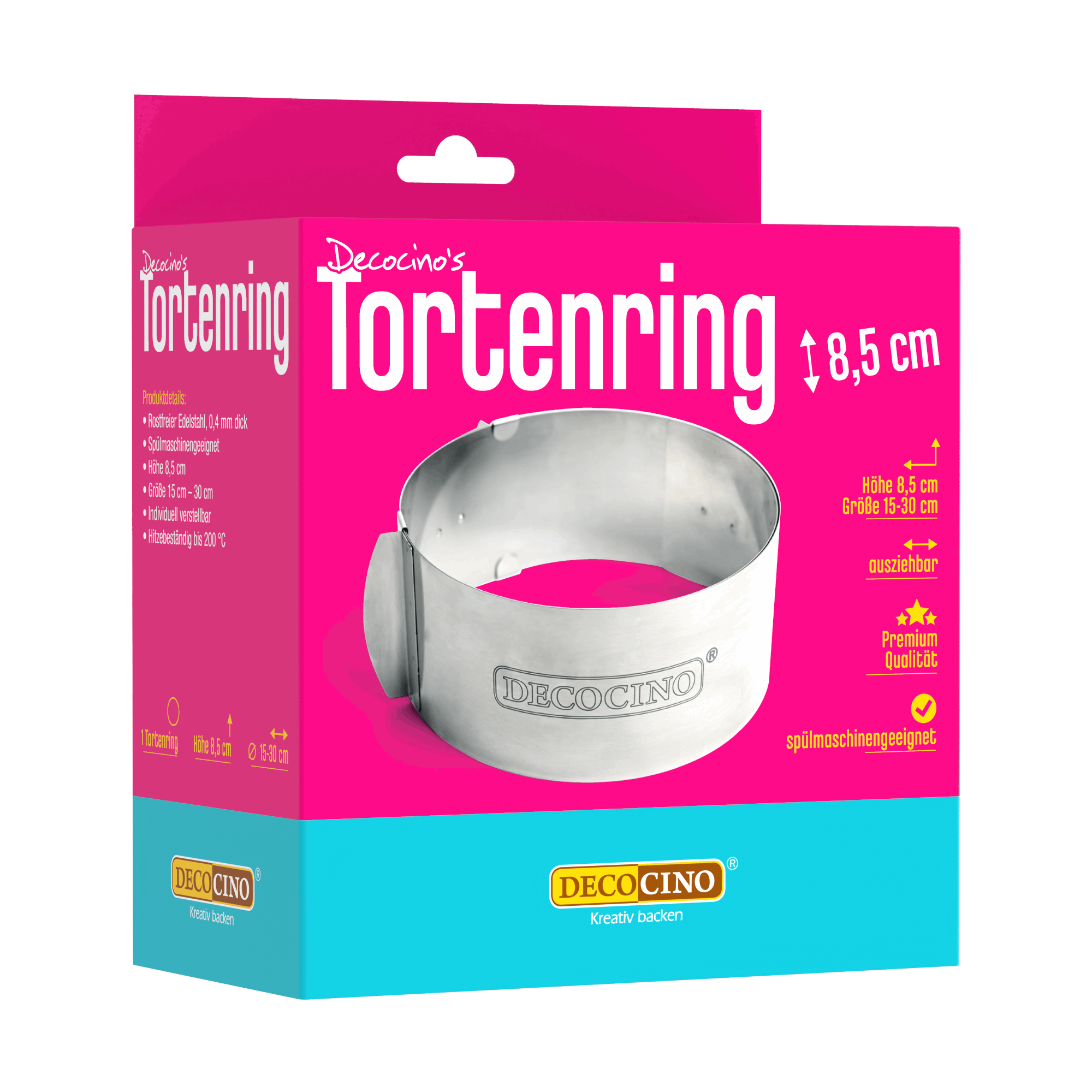 Decocino Tortenring 8,5 cm – verstellbarer Edelstahl-Tortenring von 15 bis 30 cm zum Backen und Füllen von Torten