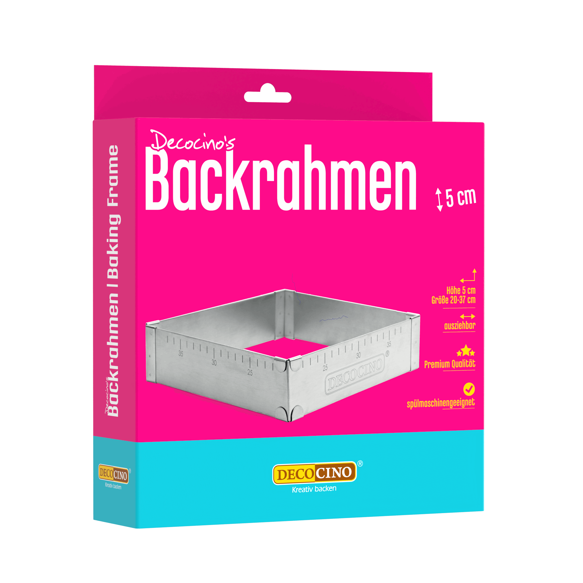 Decocino Backrahmen 5 cm in Verpackung – ausziehbarer Edelstahl-Backrahmen für Kuchen und Torten