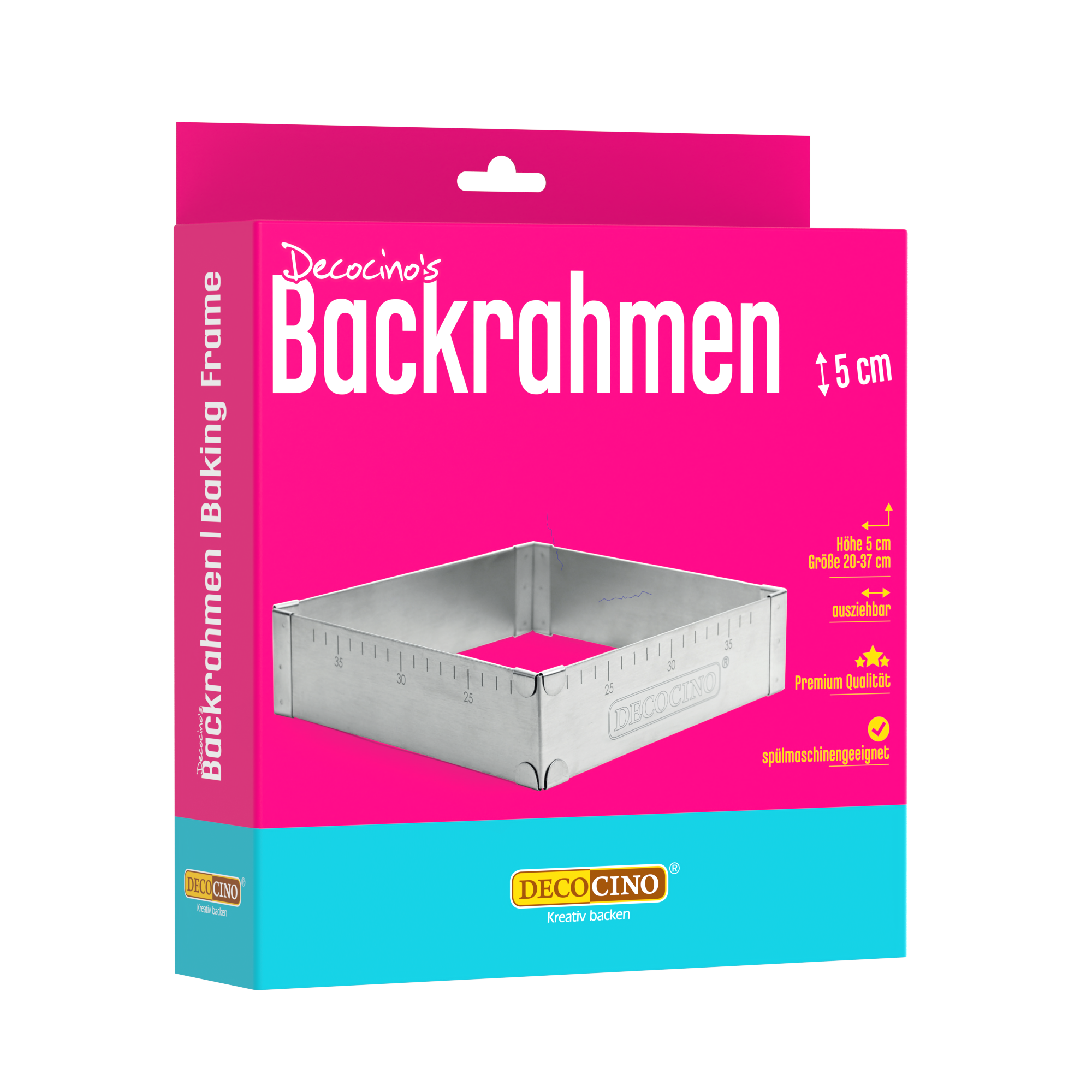 Decocino Backrahmen 5 cm in Verpackung – ausziehbarer Edelstahl-Backrahmen für Kuchen und Torten