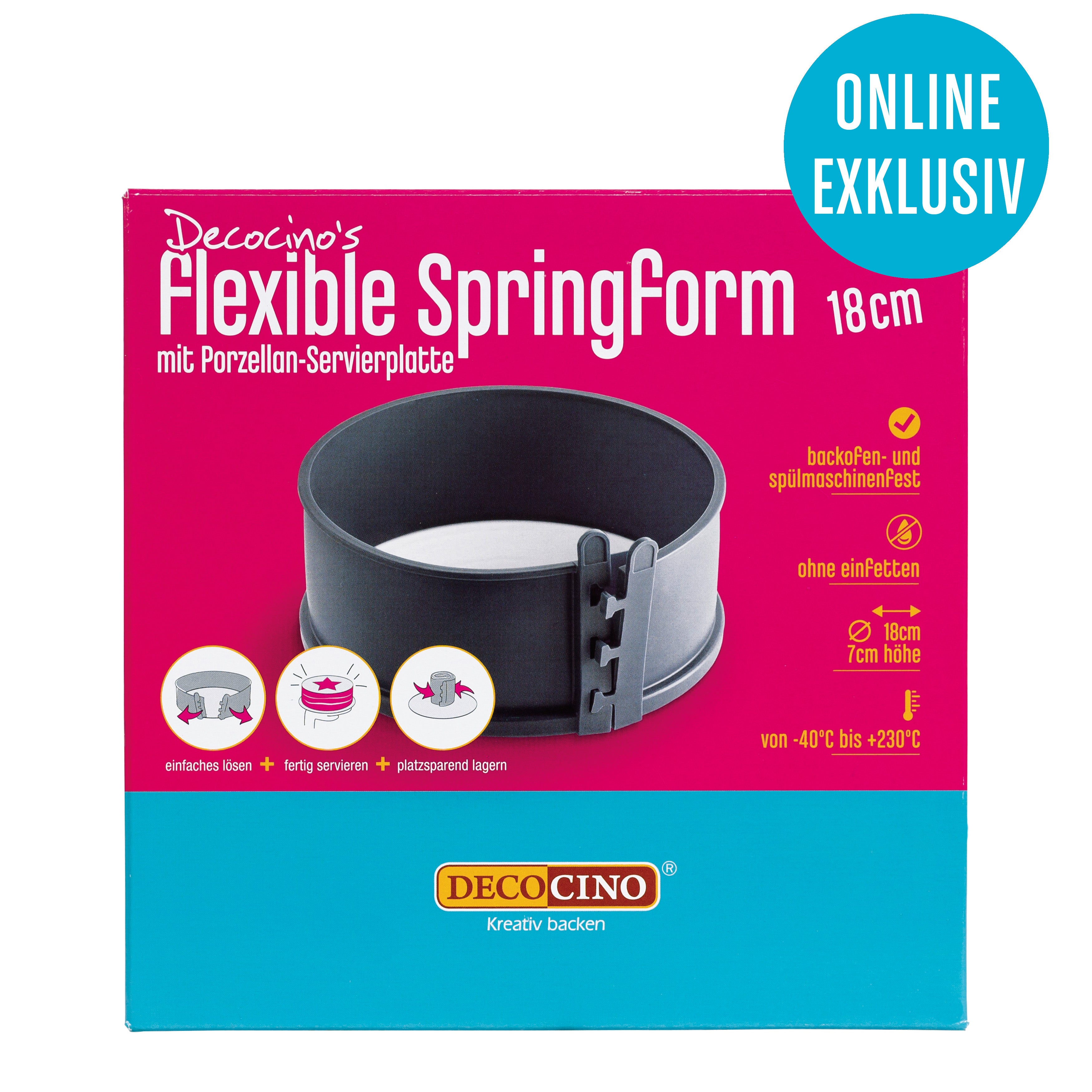 Flexible Springform 18 cm mit Porzellan-Servierplatte von Decocino, backofen- und spülmaschinenfest.