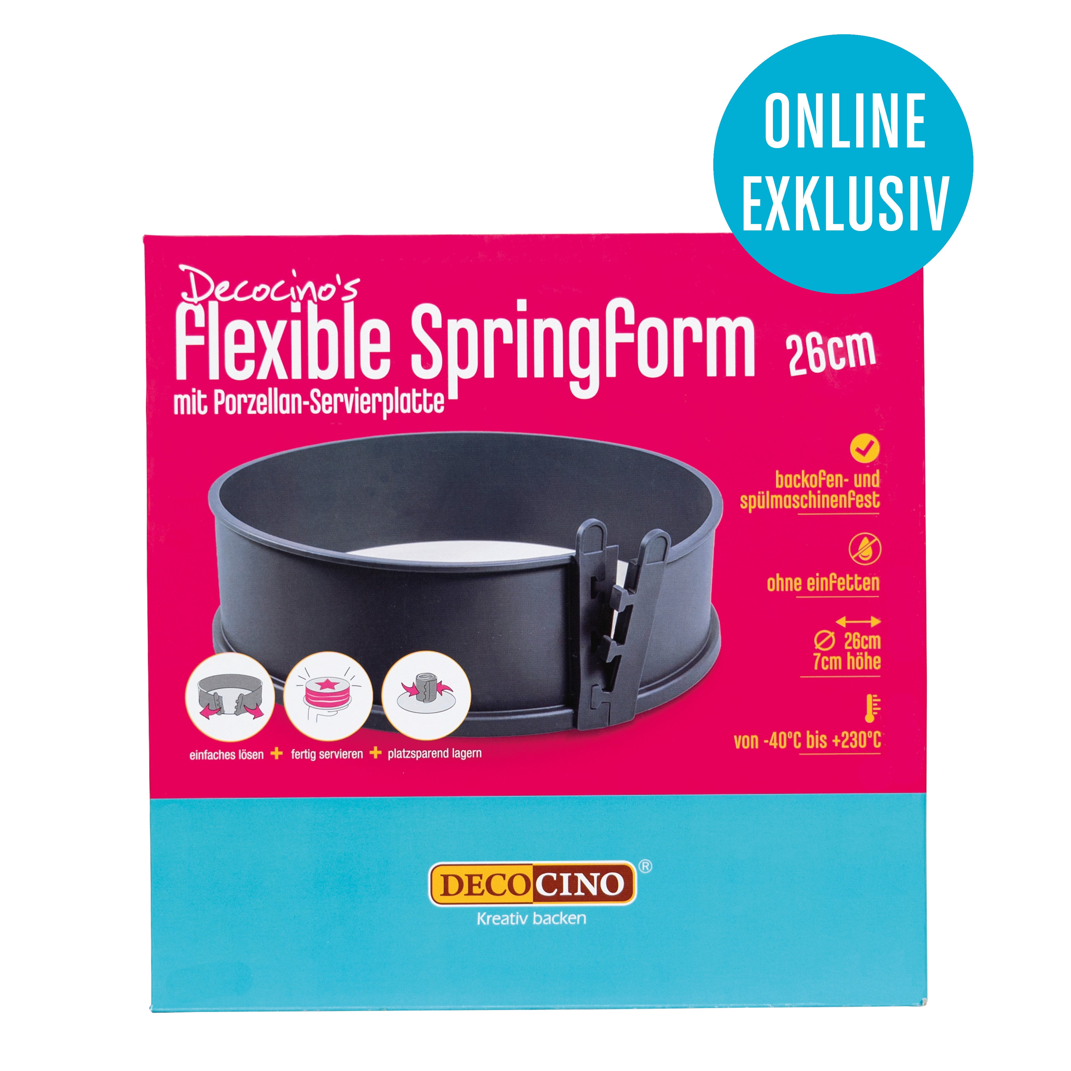 Flexible Springform mit Porzellan-Servierplatte von Decocino, 26 cm Durchmesser, backofen- und spülmaschinenfest.