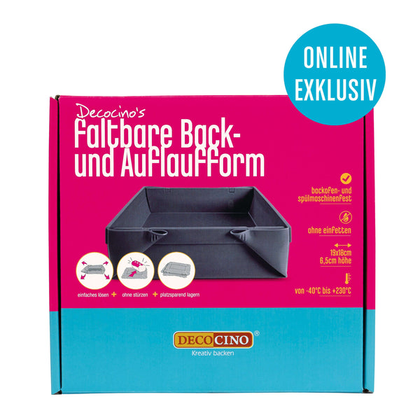 Faltbare Back- und Auflaufform von Decocino, platzsparend zusammenklappbar, backofen- und spülmaschinengeeignet.