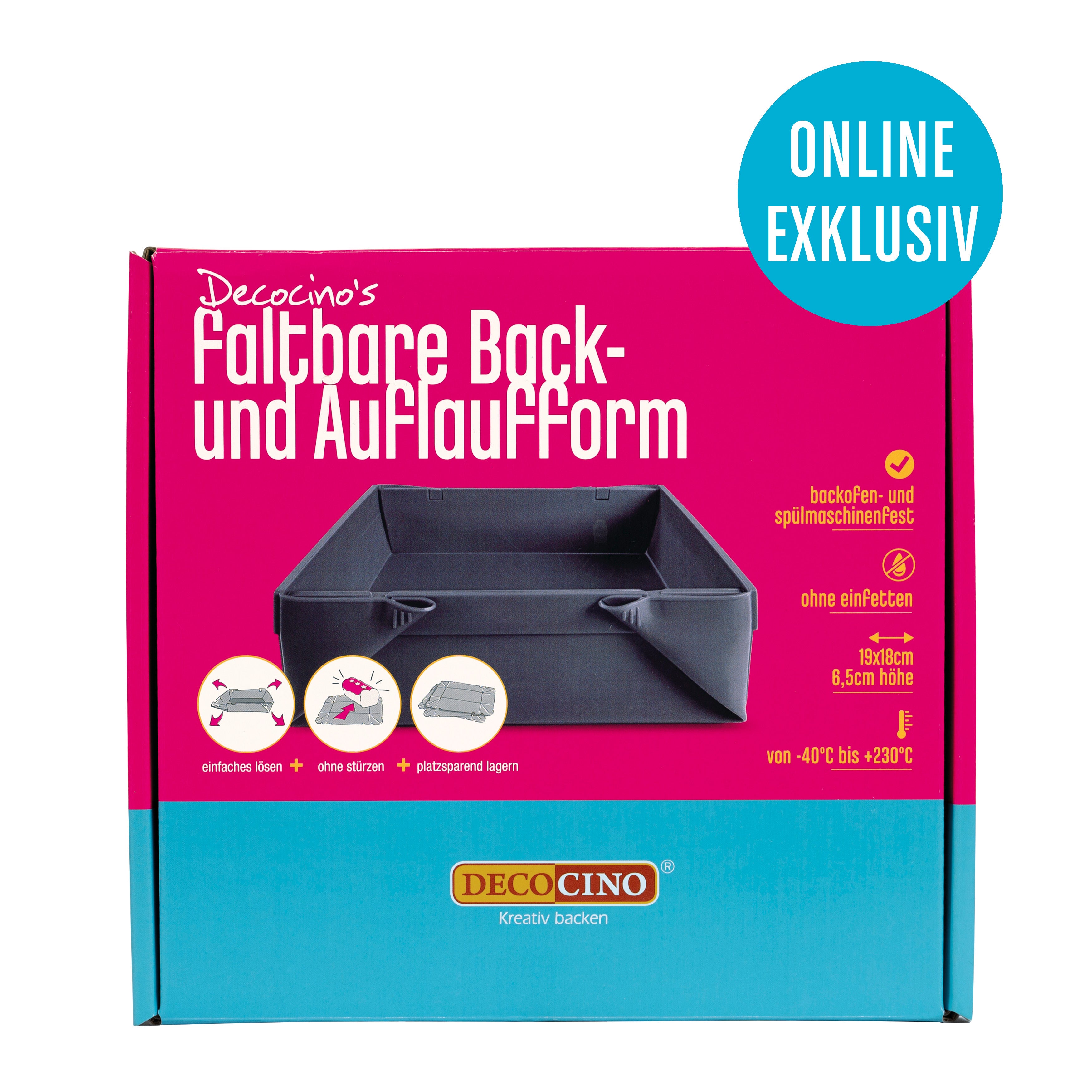 Faltbare Back- und Auflaufform von Decocino, platzsparend zusammenklappbar, backofen- und spülmaschinengeeignet.