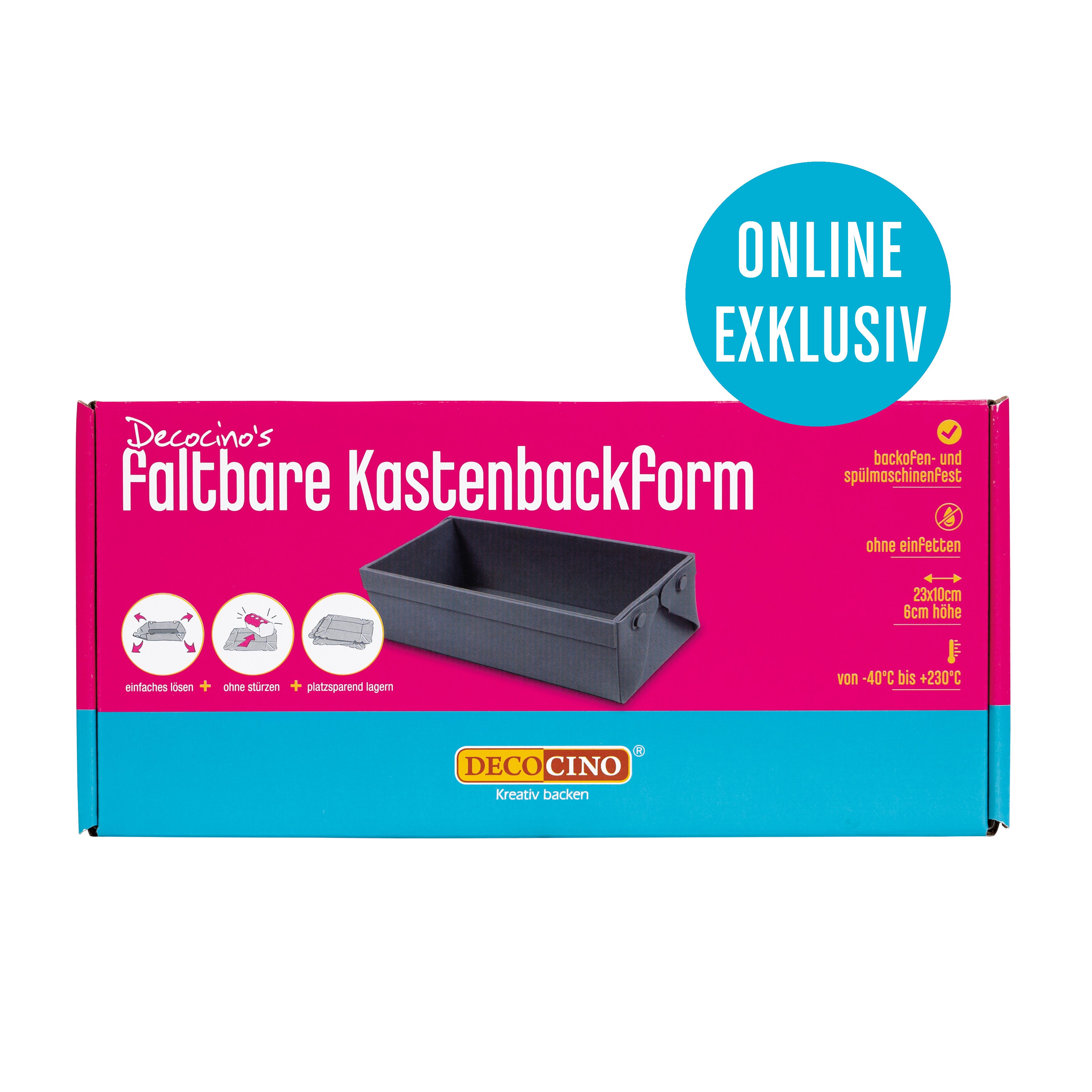Faltbare Kastenbackform von Decocino (23 × 10 cm), online exklusiv, zum einfachen Lösen und platzsparenden Aufbewahren.