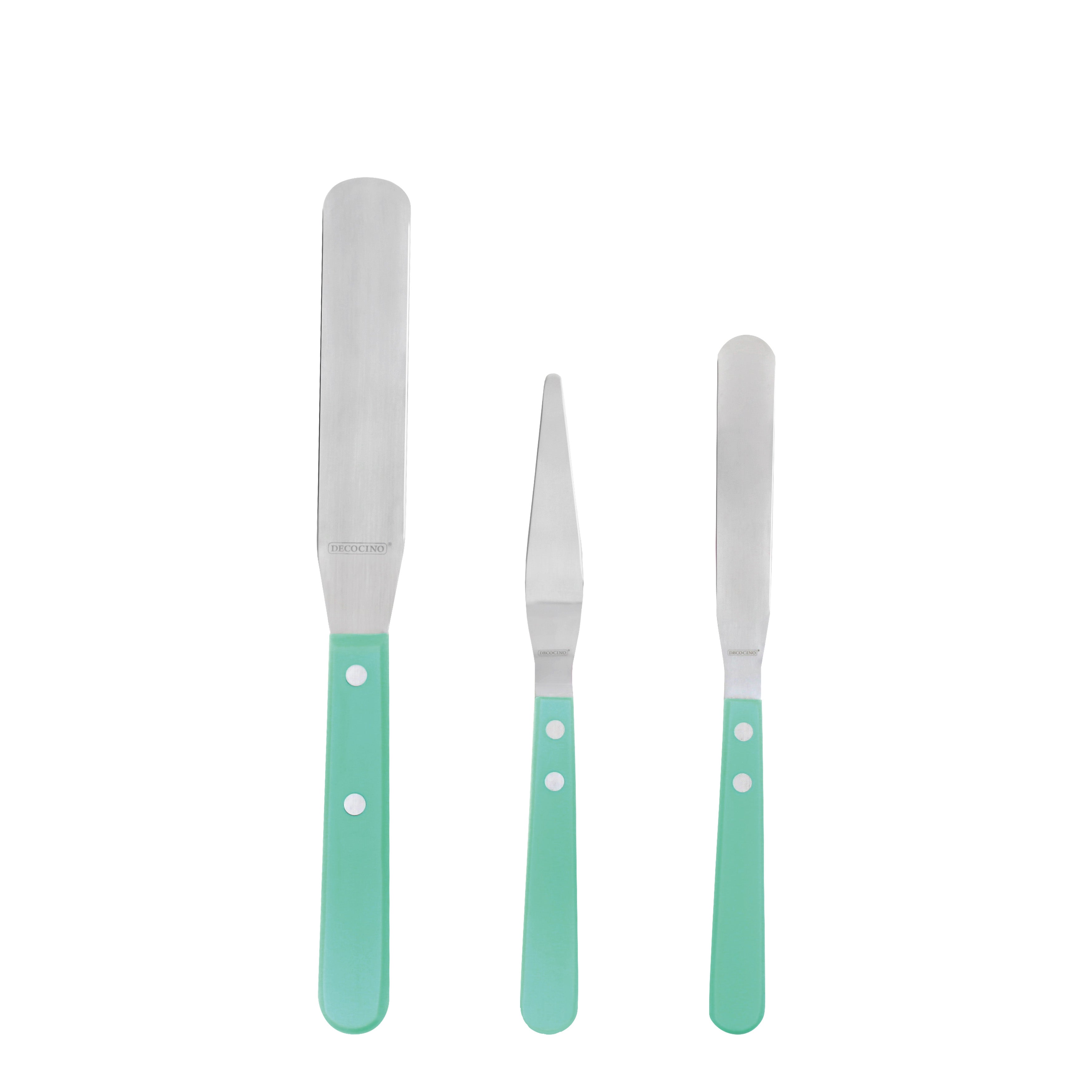 Decocino Mini-Streichpaletten 3er-Set in Mint mit Edelstahlklingen zum Dekorieren, Glattstreichen und Verzieren von Torten.