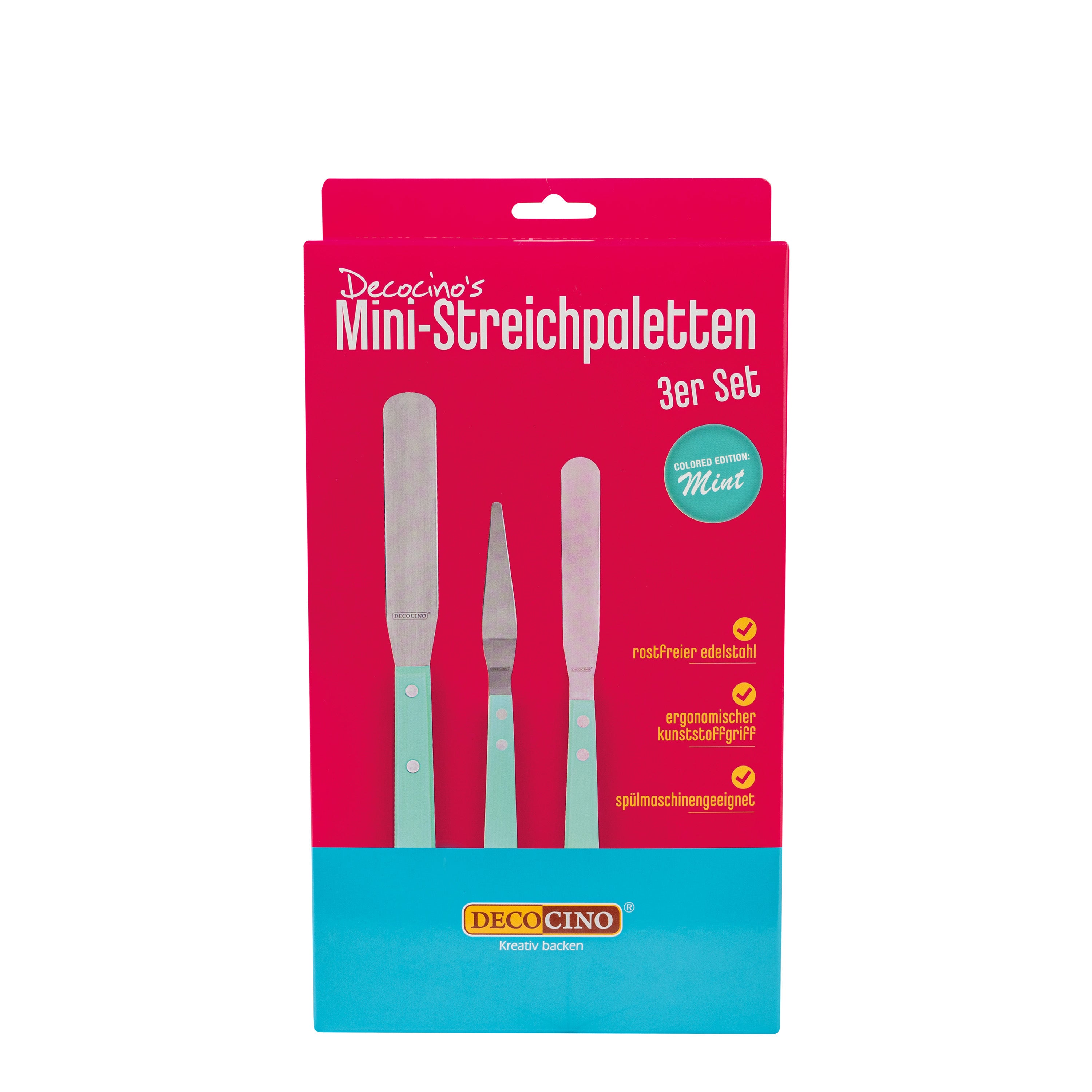 Decocino Set aus drehbarer Tortenplatte und drei Mini-Streichpaletten in Mint, ideal zum Dekorieren und Verzieren von Torten