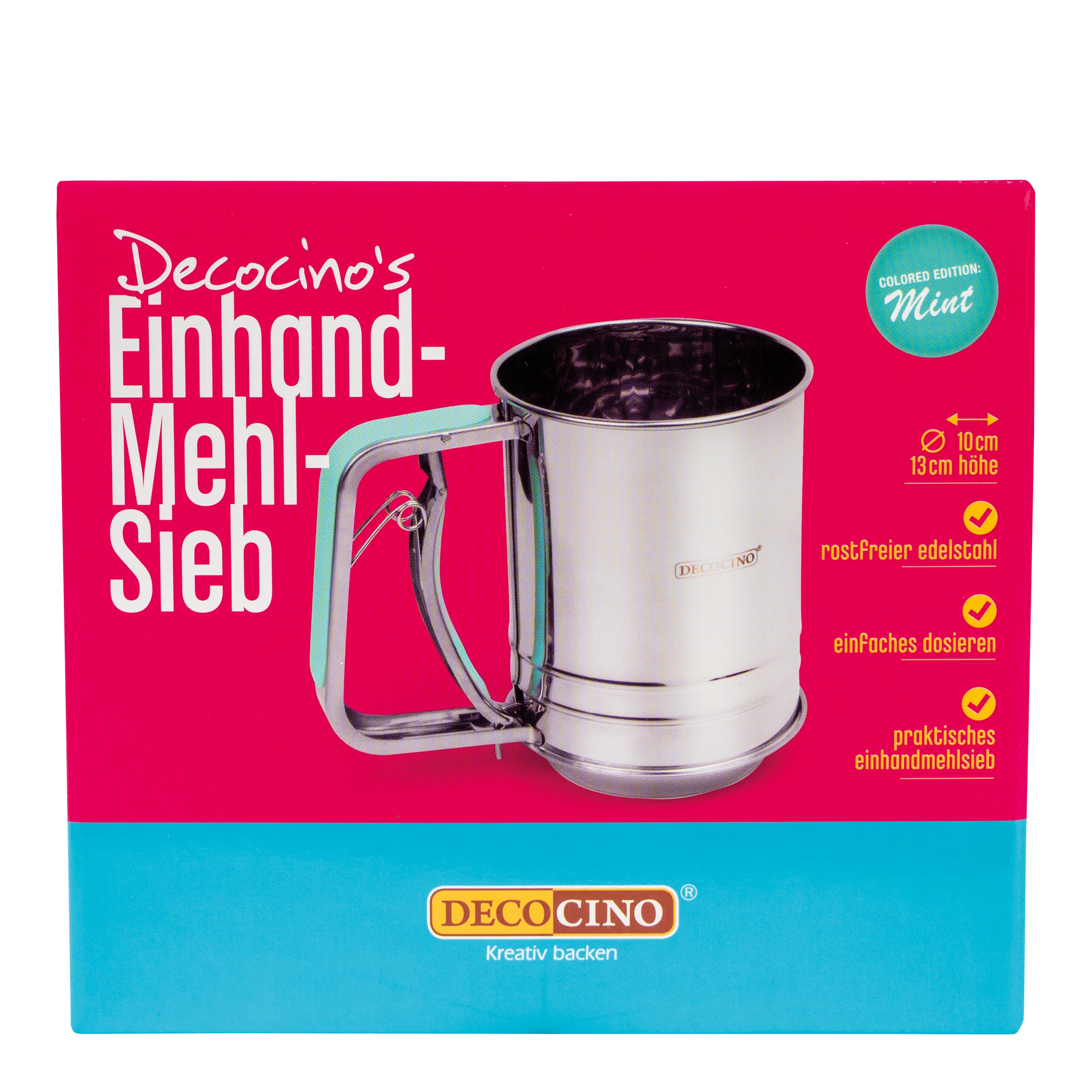 Decocino Einhand-Mehlsieb aus Edelstahl in der Mint-Colored-Edition in Produktverpackung.
