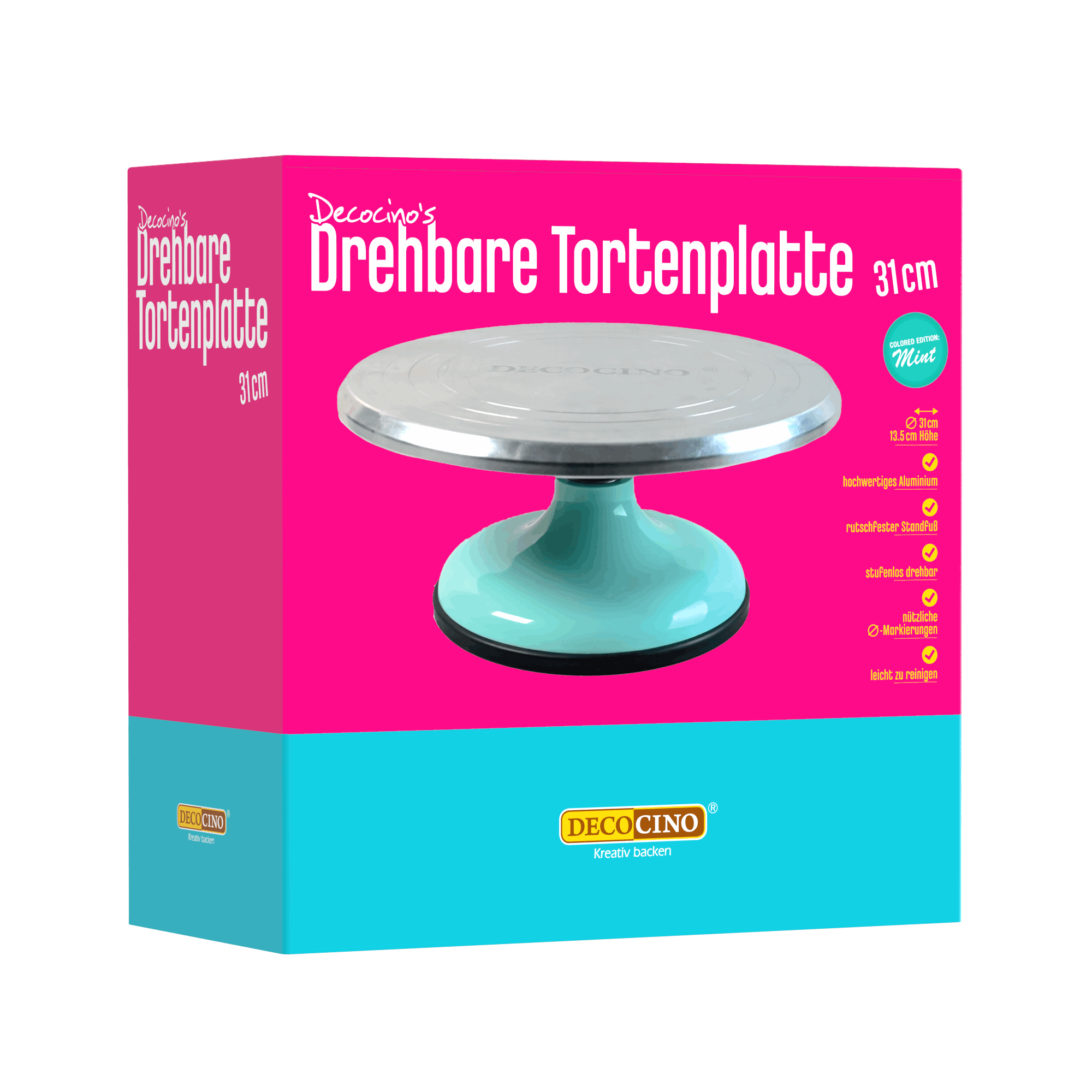 Decocino drehbare Tortenplatte in Mint, 31 cm – Produktverpackung Vorderseite.